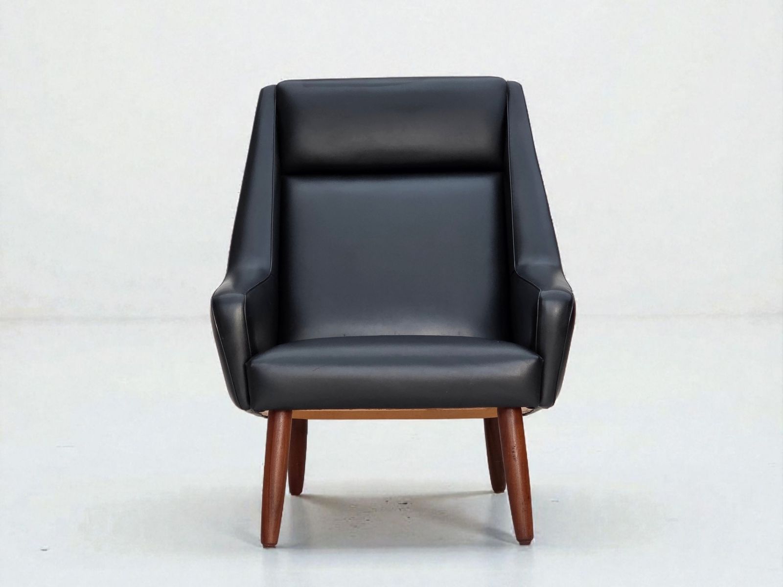 1970s, Danish Highback Armchair, Black Artificial Leather, Teak Wood Legs.