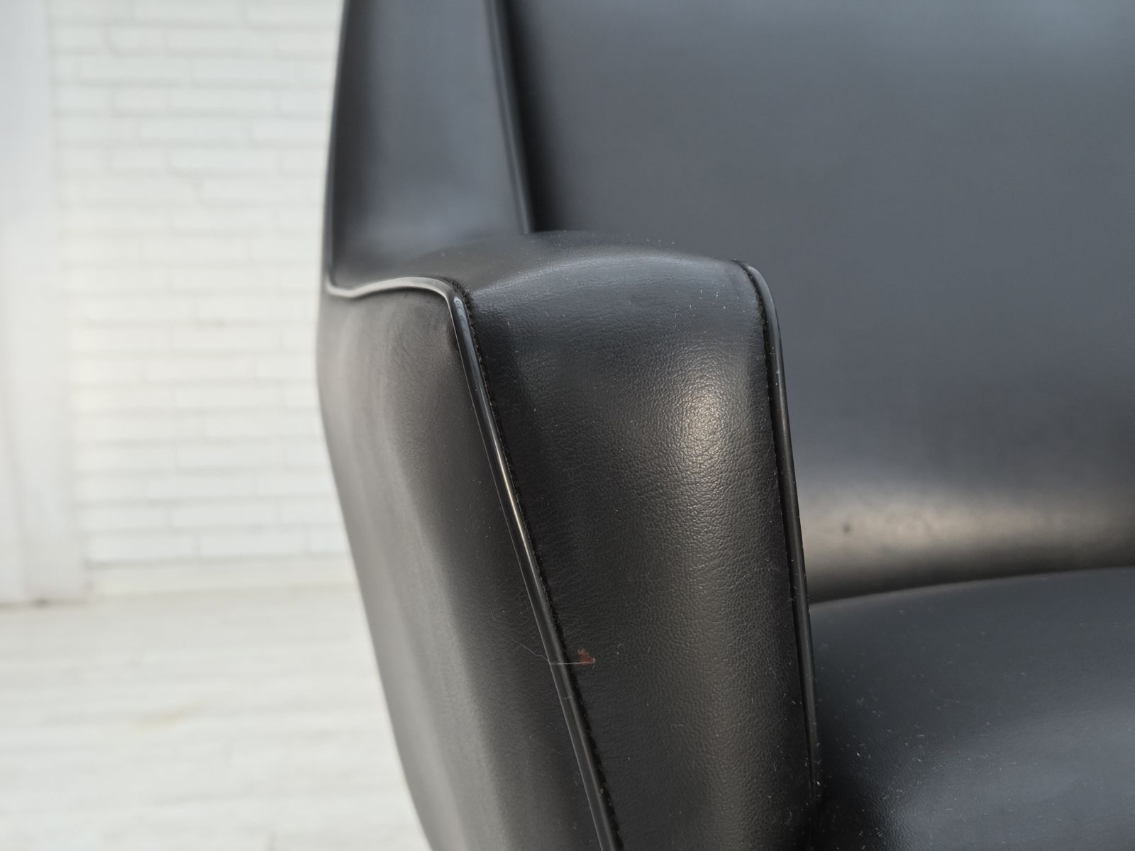1970s, Danish Highback Armchair, Black Artificial Leather, Teak Wood Legs. photo 1190.0