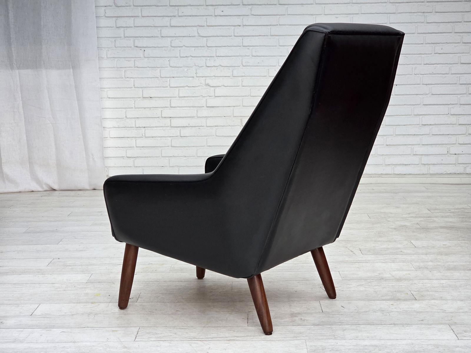 photo for sale 1970s, Danish Highback Armchair, Black Artificial Leather, Teak Wood Legs.