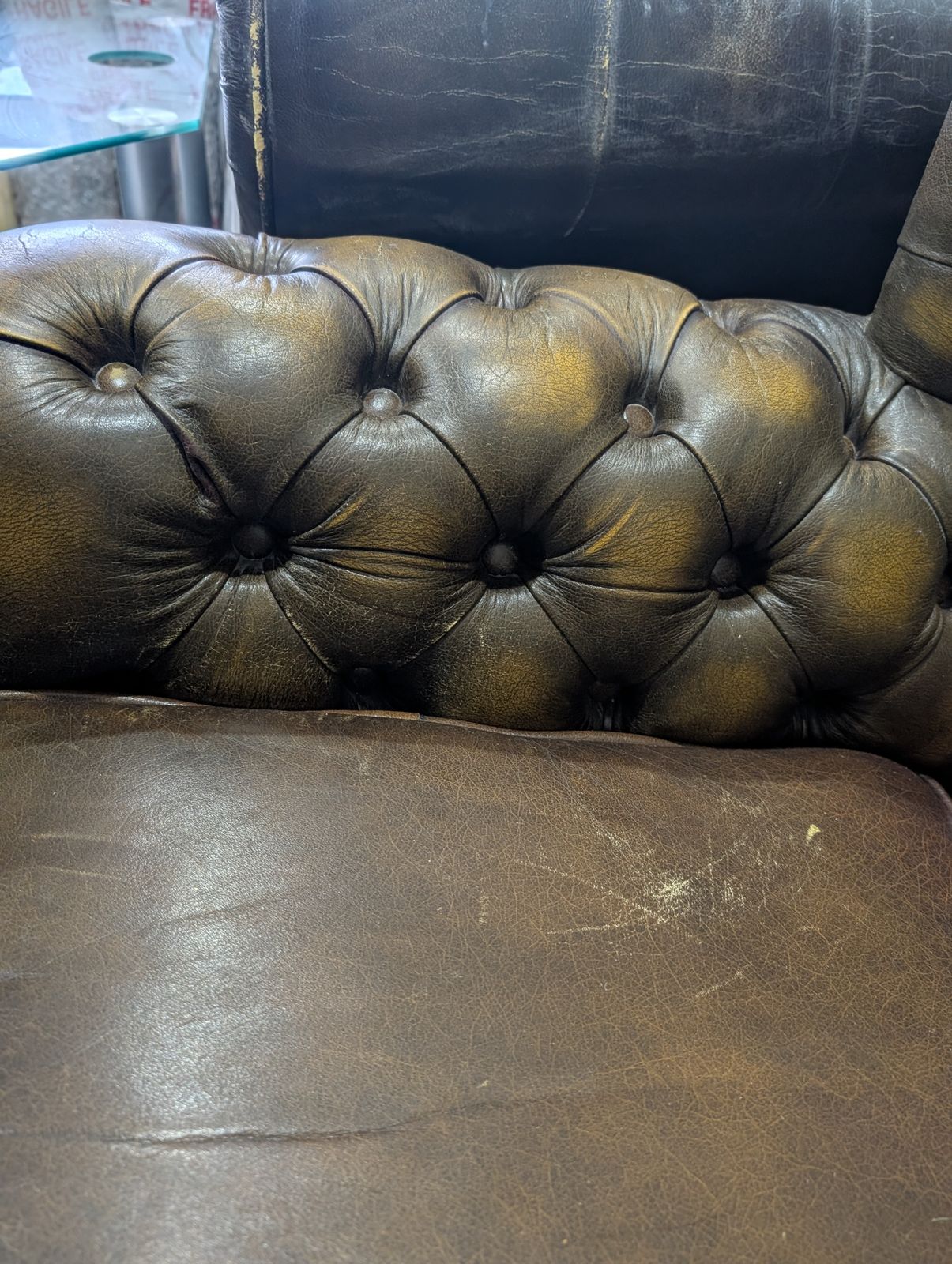 Brown/Yellowy Green Chesterfield Armchair On Wheels In Good Condition photo vinterior