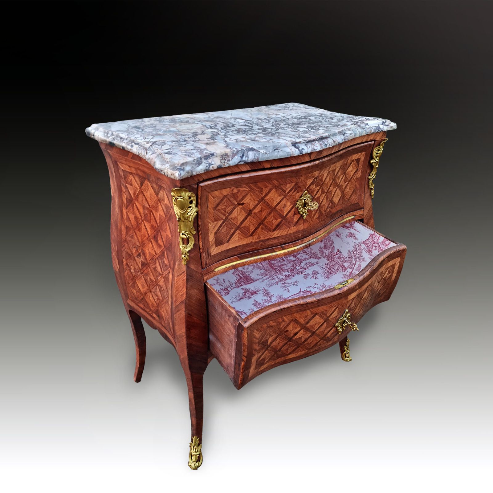 Louis XV Parquetry French Kingwood Provincial Commode, Gilt Bronze Mounts photo for sale