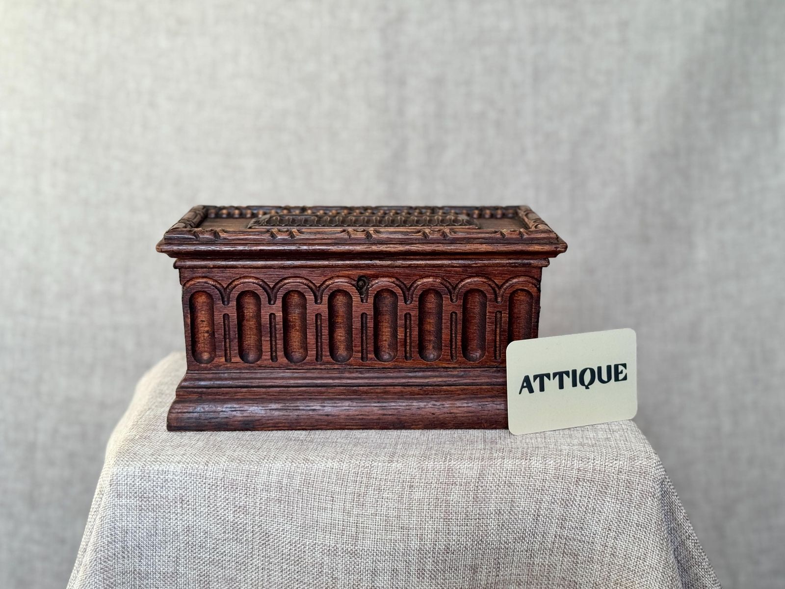 Antique Carved Wooden Jewellery Chest With Key | Gothic Revival Trinket Box | Large Decorative Wood Box | Architectural Carved Detail photo furniture