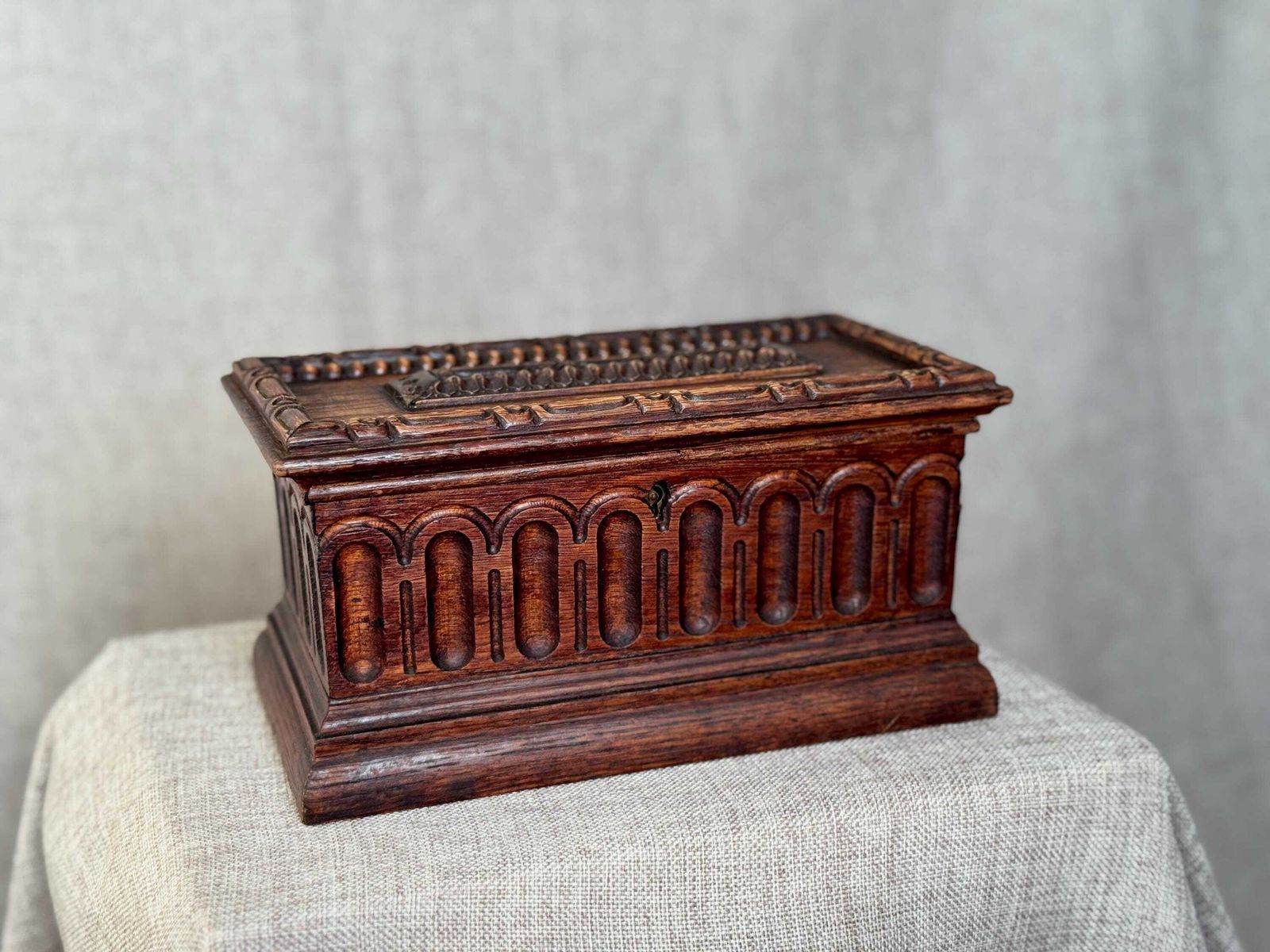 Antique Carved Wooden Jewellery Chest With Key | Gothic Revival Trinket Box | Large Decorative Wood Box | Architectural Carved Detail photo 180.0