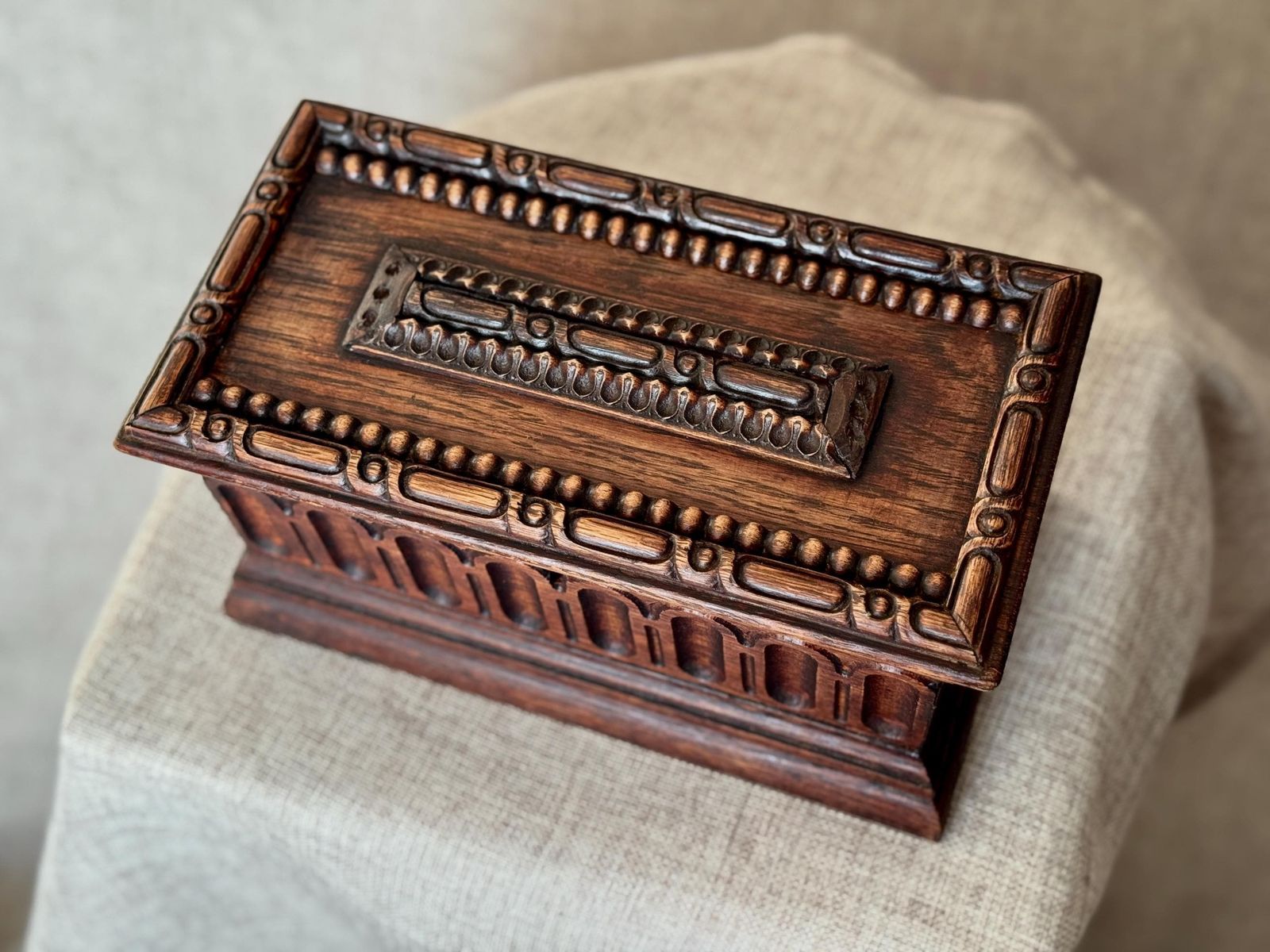 Antique Carved Wooden Jewellery Chest With Key | Gothic Revival Trinket Box | Large Decorative Wood Box | Architectural Carved Detail photo buy
