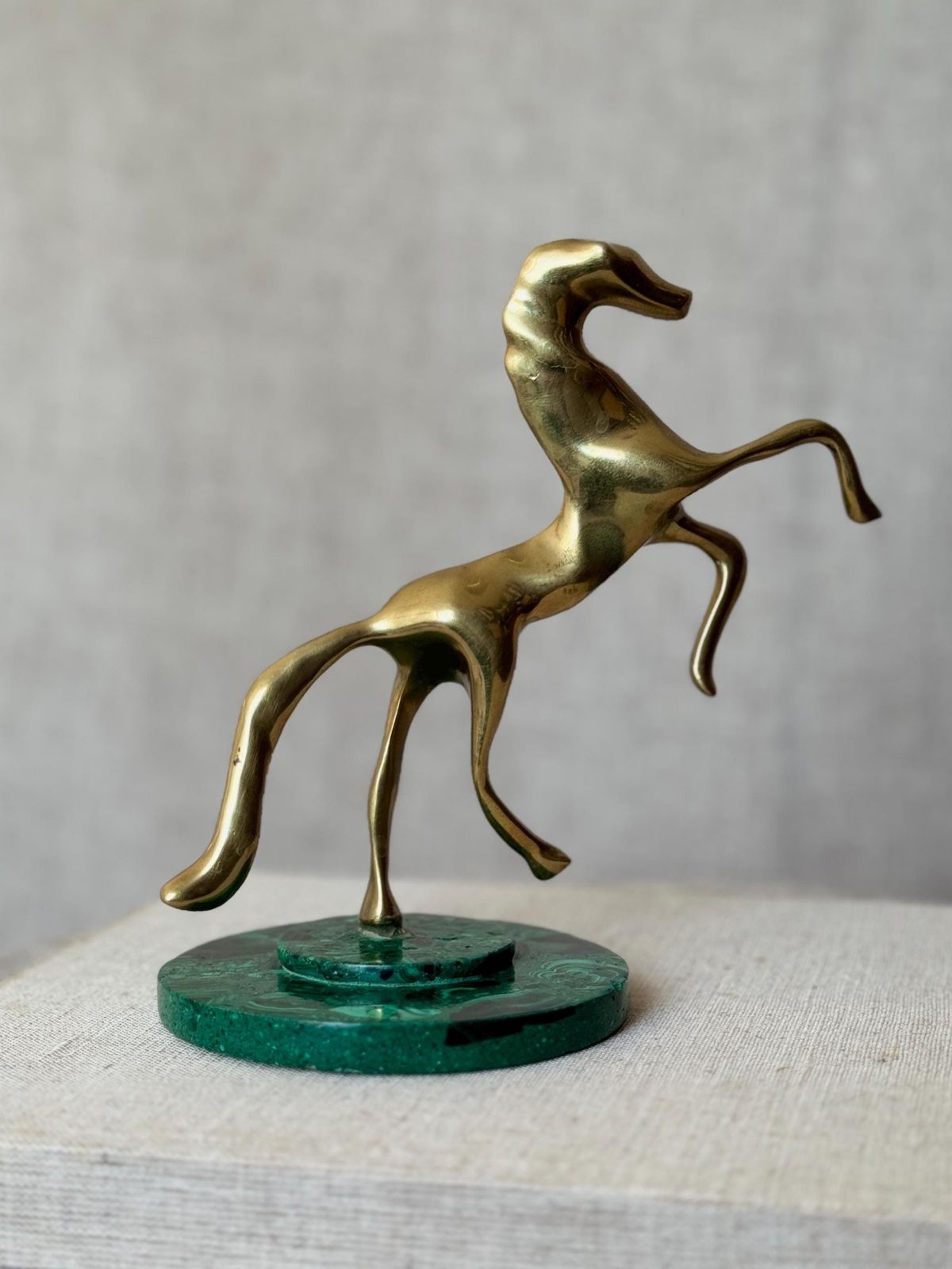 Vintage Hagenauer Style Brass Horse Sculpture On Malachite Base | Modernist Brass Figurine | Mid Century Horse Sculpture photo for sale