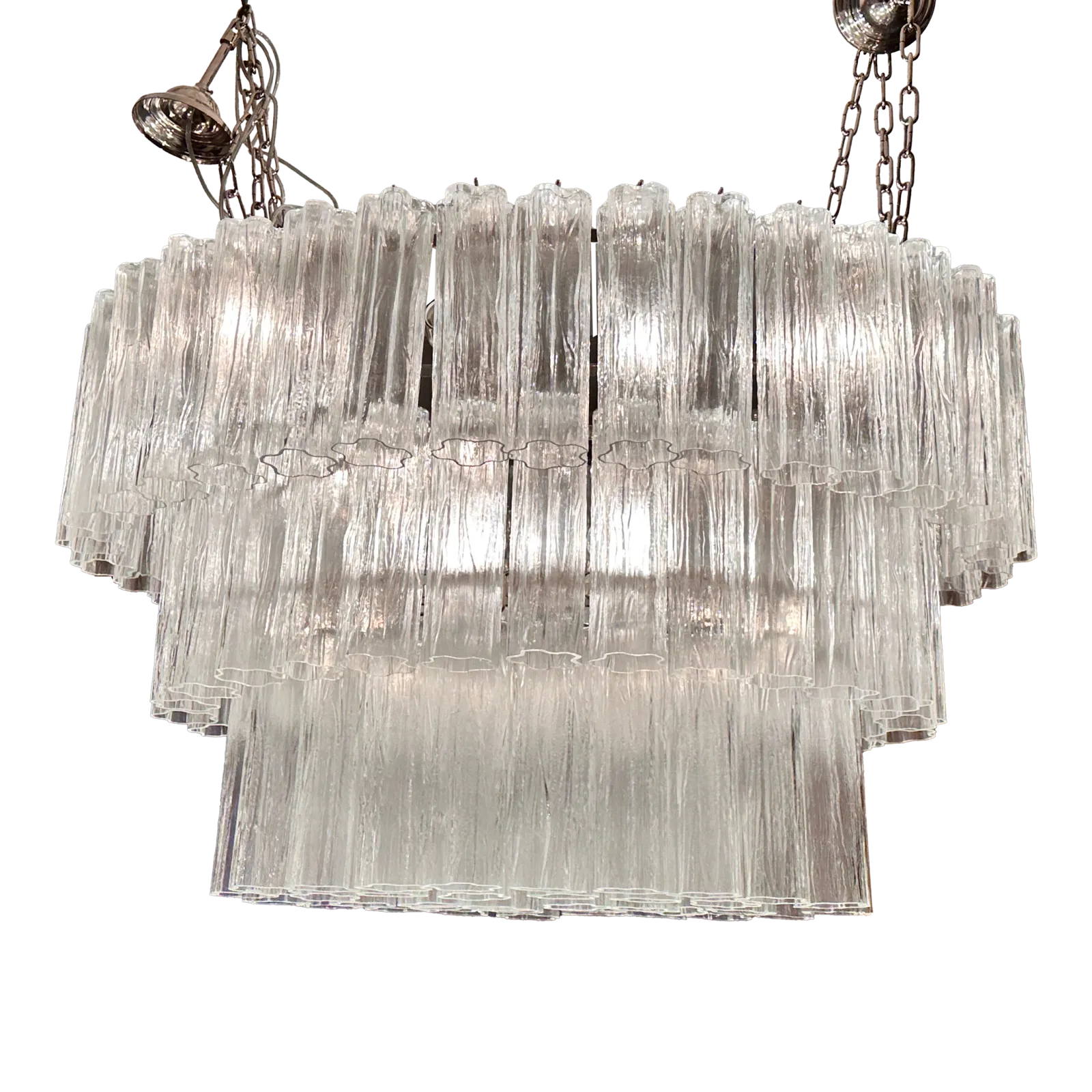Contemporary Oval Transparent “Tronchi” Murano Glass Chandelier In Venini Style.
