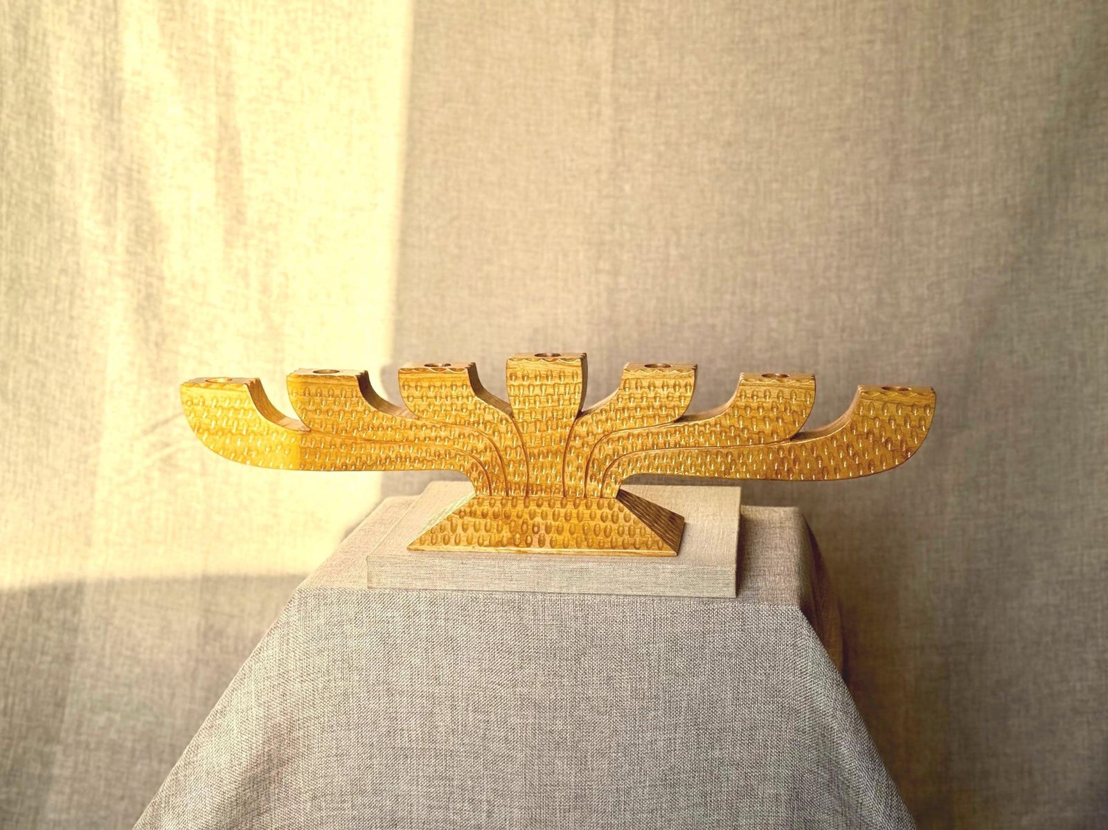 Scandinavian Wooden Menorah | Mid Century Nordic Candelabra | Chip Carved Folk Art Candle Holder