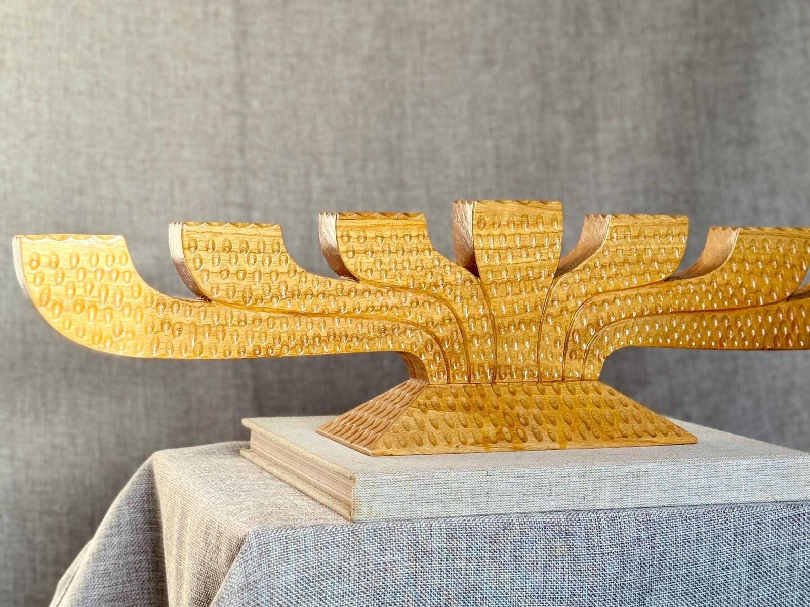 Scandinavian Wooden Menorah | Mid Century Nordic Candelabra | Chip Carved Folk Art Candle Holder photo for sale