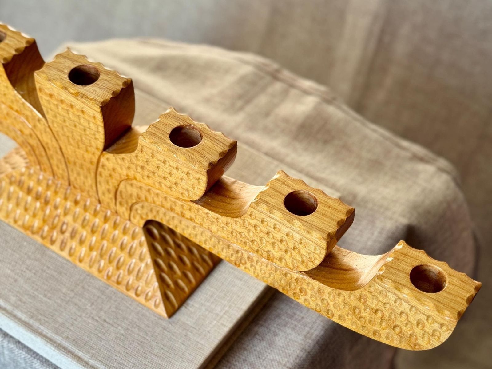 Scandinavian Wooden Menorah | Mid Century Nordic Candelabra | Chip Carved Folk Art Candle Holder photo vinterior
