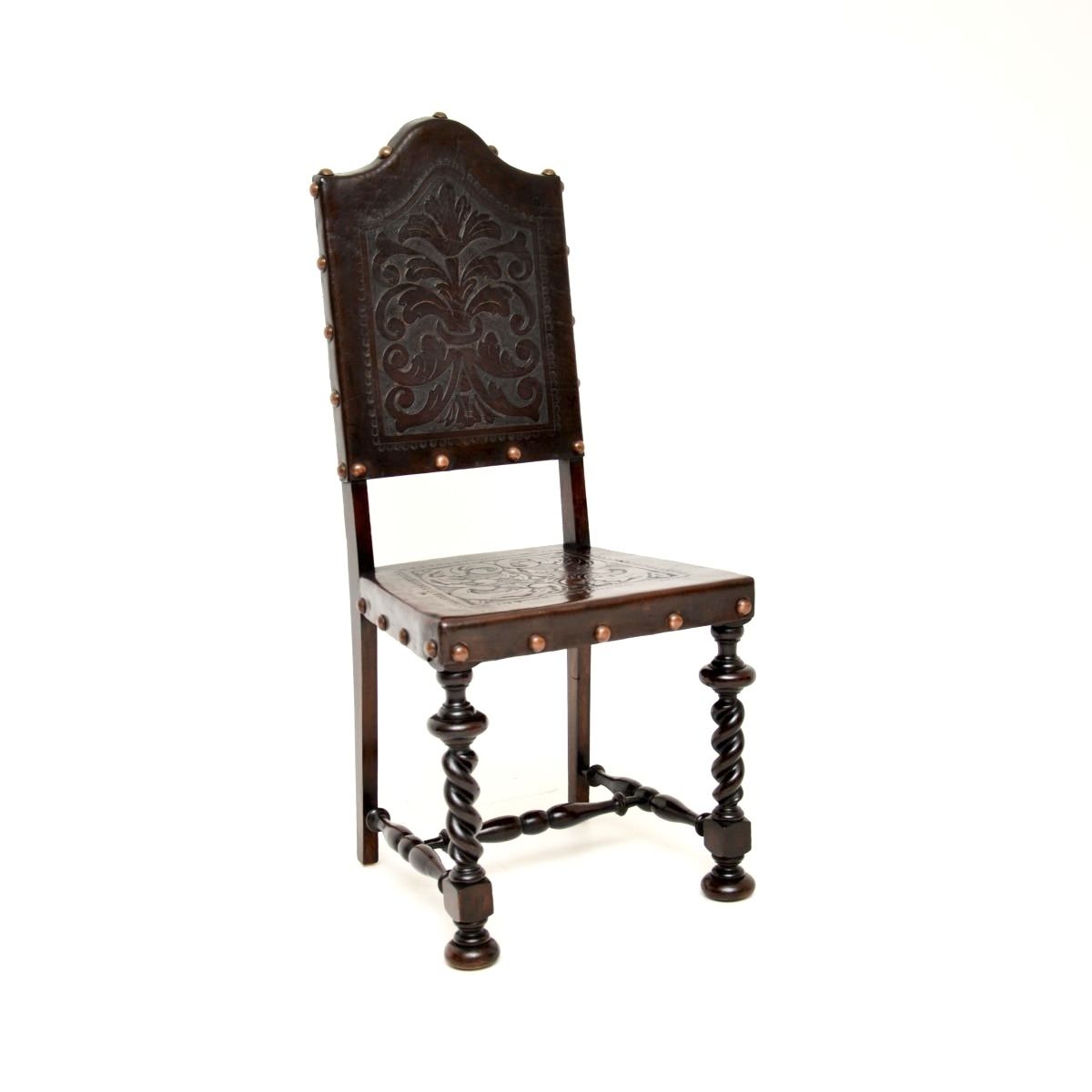 Set Of Six Antique Portuguese Embossed Leather And Walnut Dining Chairs photo for sale