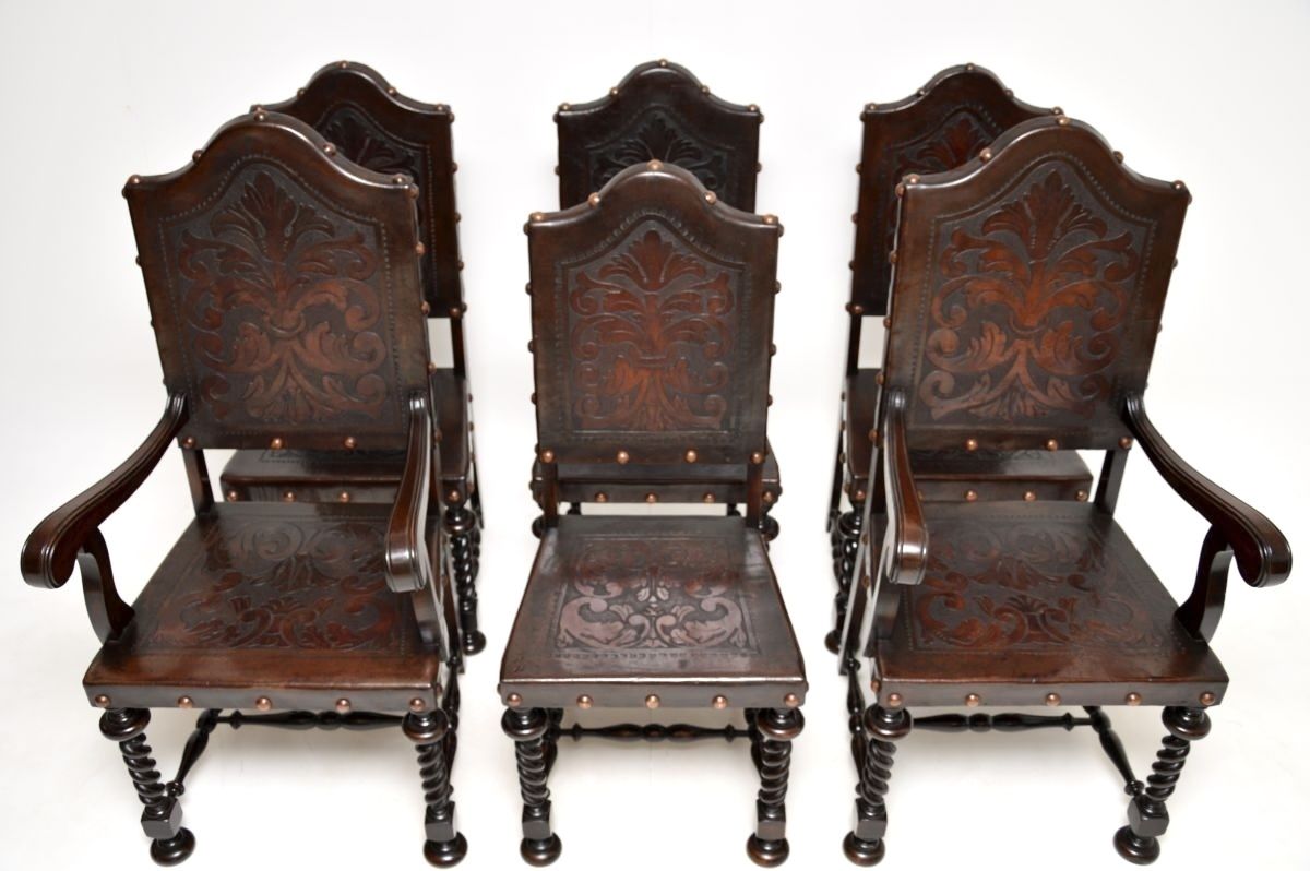 Set Of Six Antique Portuguese Embossed Leather And Walnut Dining Chairs photo vintage