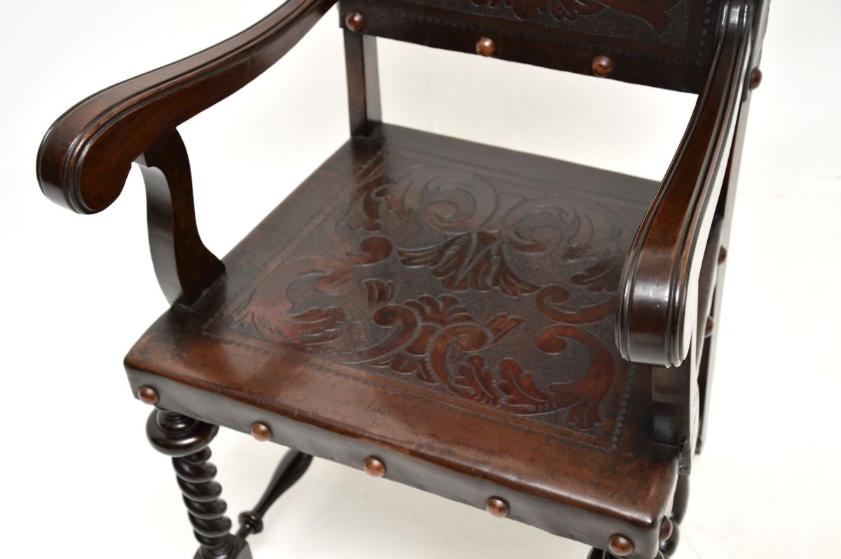 photo for sale Set Of Six Antique Portuguese Embossed Leather And Walnut Dining Chairs