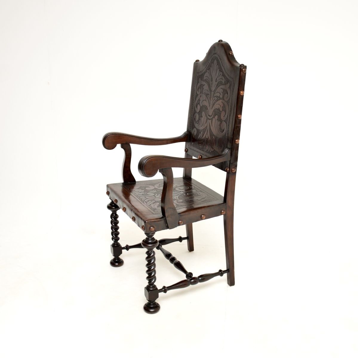photo buy Set Of Six Antique Portuguese Embossed Leather And Walnut Dining Chairs