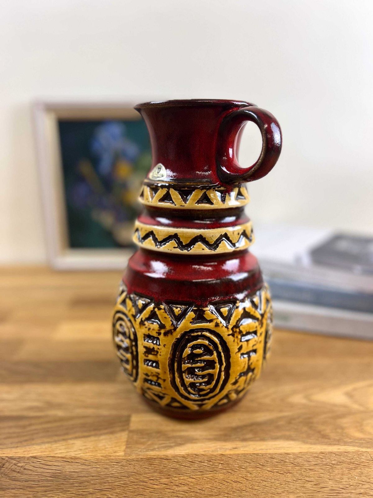ü Keramik Red And Yellow Relief Vase   West German Ethnic Looking Ceramic Vase photo for sale