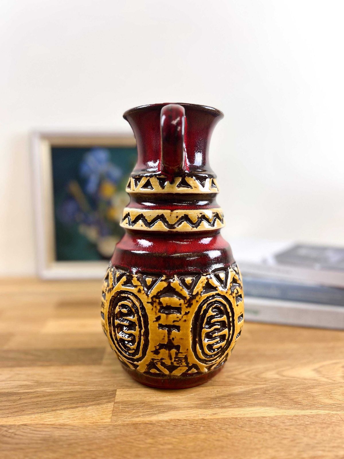 ü Keramik Red And Yellow Relief Vase   West German Ethnic Looking Ceramic Vase photo Home Decor