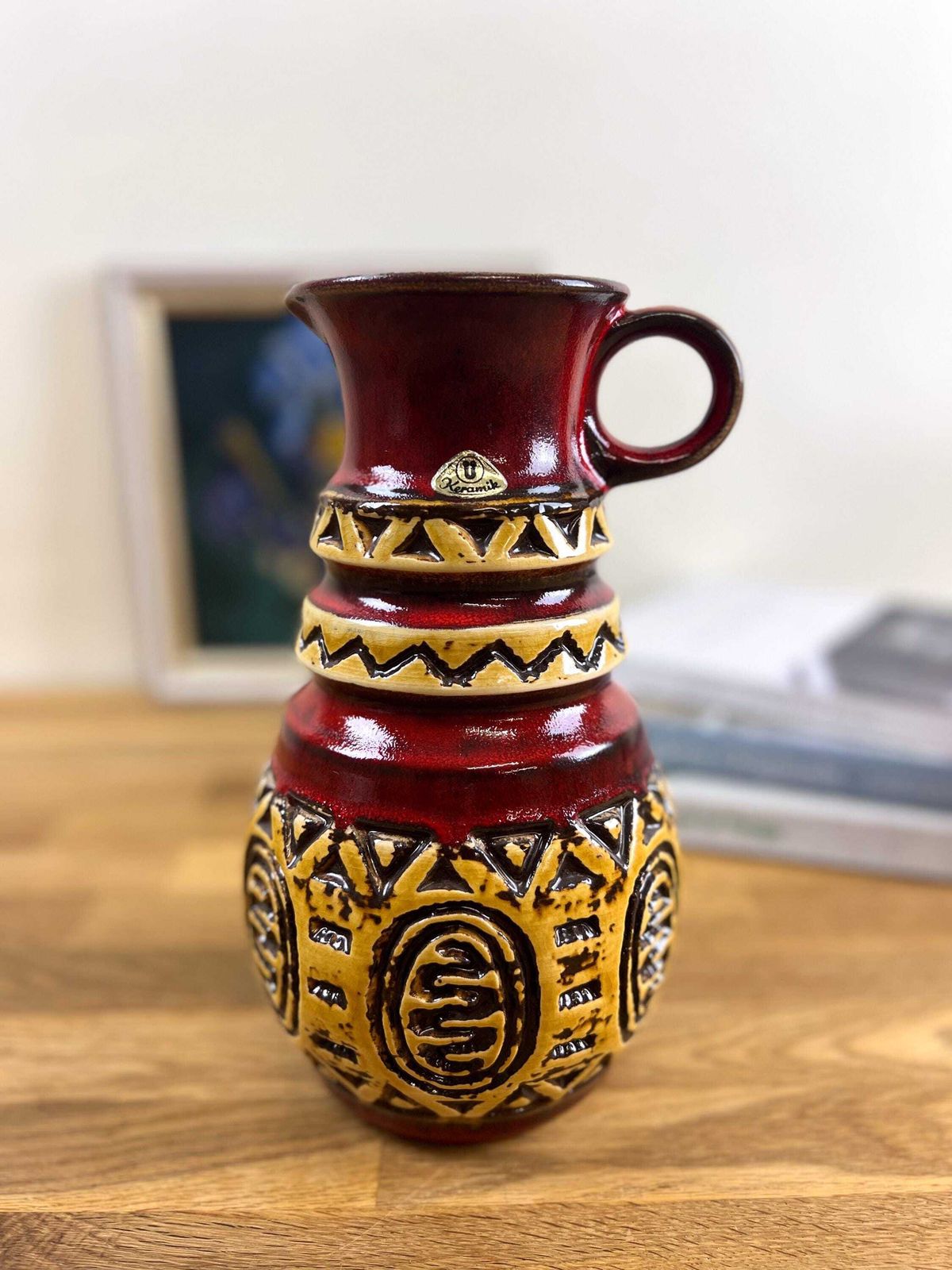 Home Decor ü Keramik Red And Yellow Relief Vase   West German Ethnic Looking Ceramic Vase photo