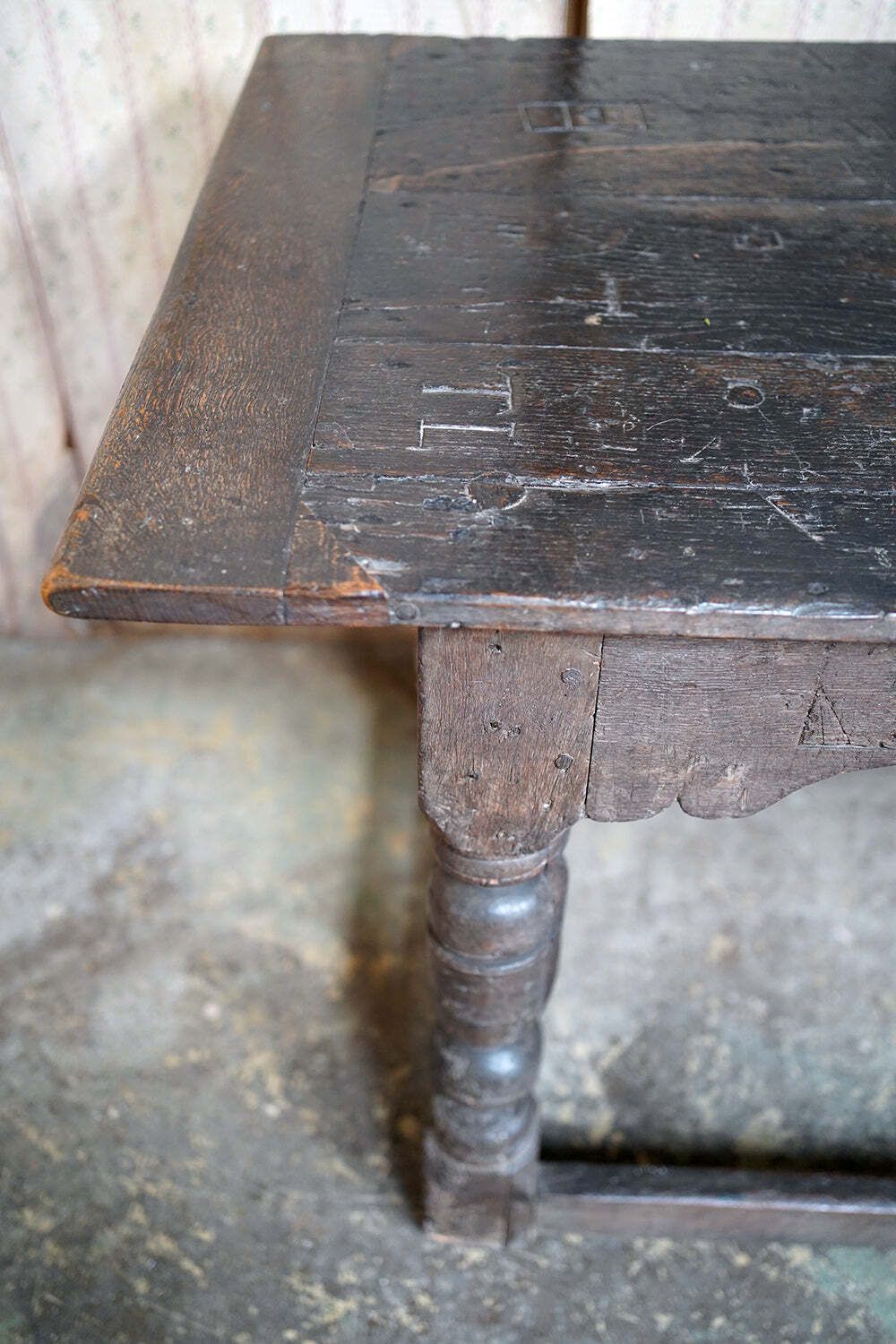 photo furniture A 17thc English Graffitied Oak Refectory Table; Southwick Hall, Northamptonshire C.1680