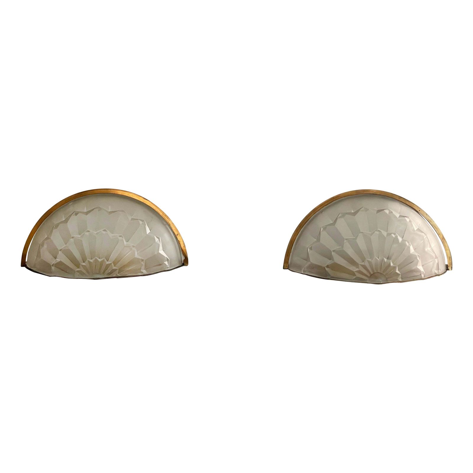White French Glass And Brass Frame Pair Of Sconces, 1950s, France