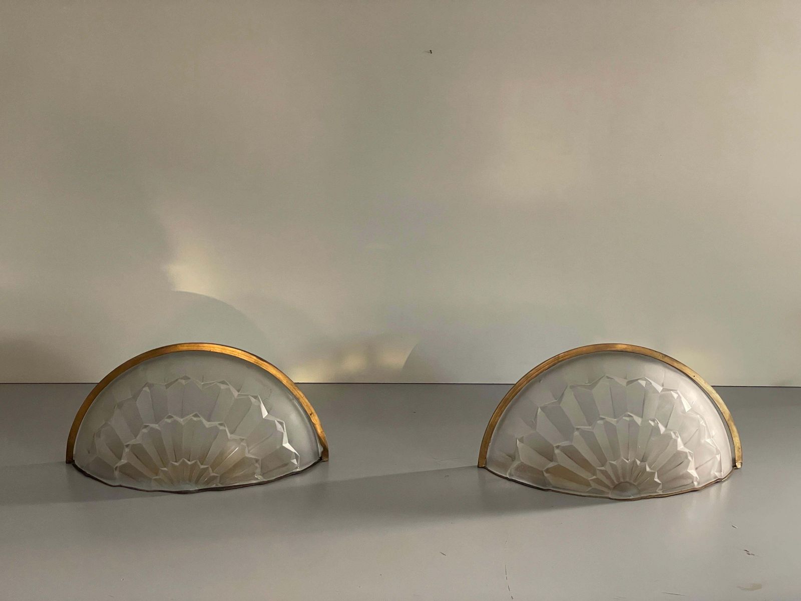 White French Glass And Brass Frame Pair Of Sconces, 1950s, France photo for sale