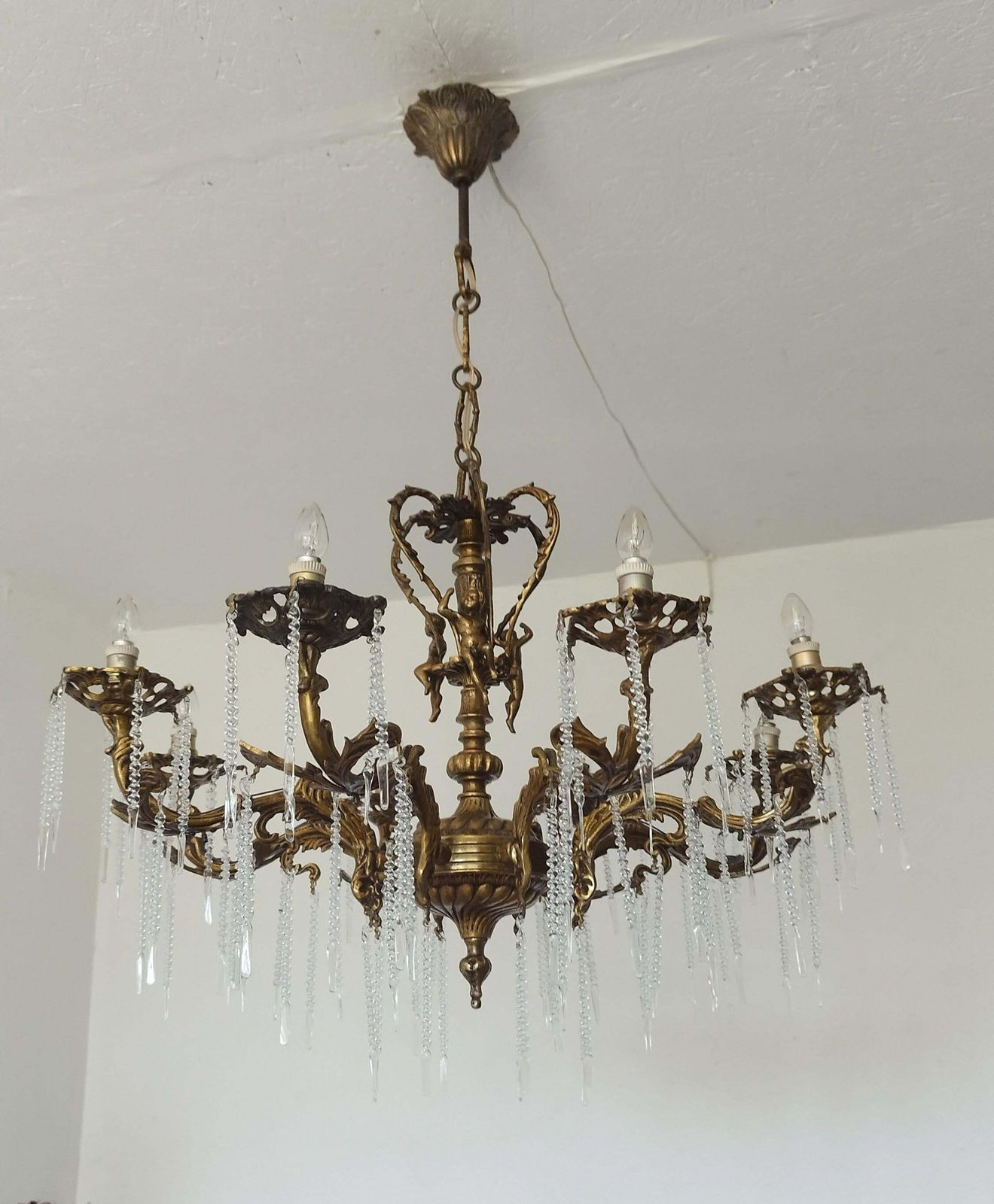 1970s Vintage Solid Bronze Rococo Cherub Chandelier – 8 Light Putti Centerpiece Hollywood Regency photo vinterior