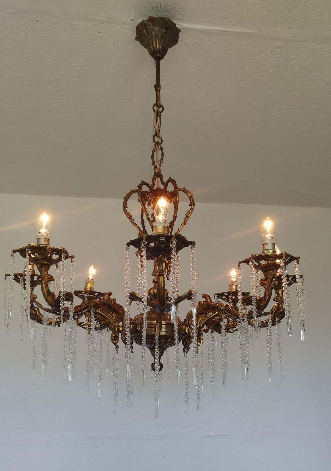 1970s Vintage Solid Bronze Rococo Cherub Chandelier – 8 Light Putti Centerpiece Hollywood Regency photo vintage