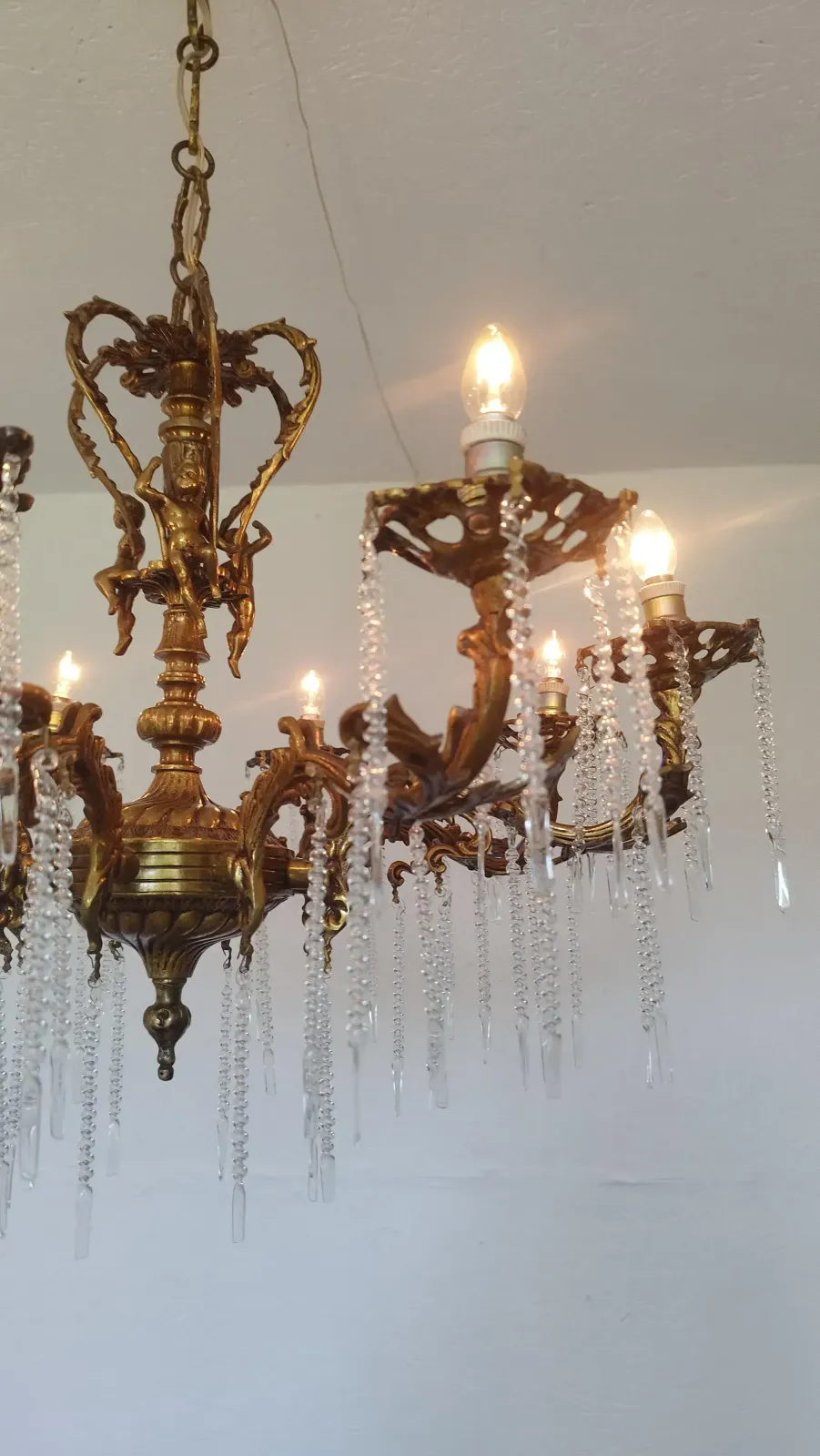 Lighting 1970s Vintage Solid Bronze Rococo Cherub Chandelier – 8 Light Putti Centerpiece Hollywood Regency photo