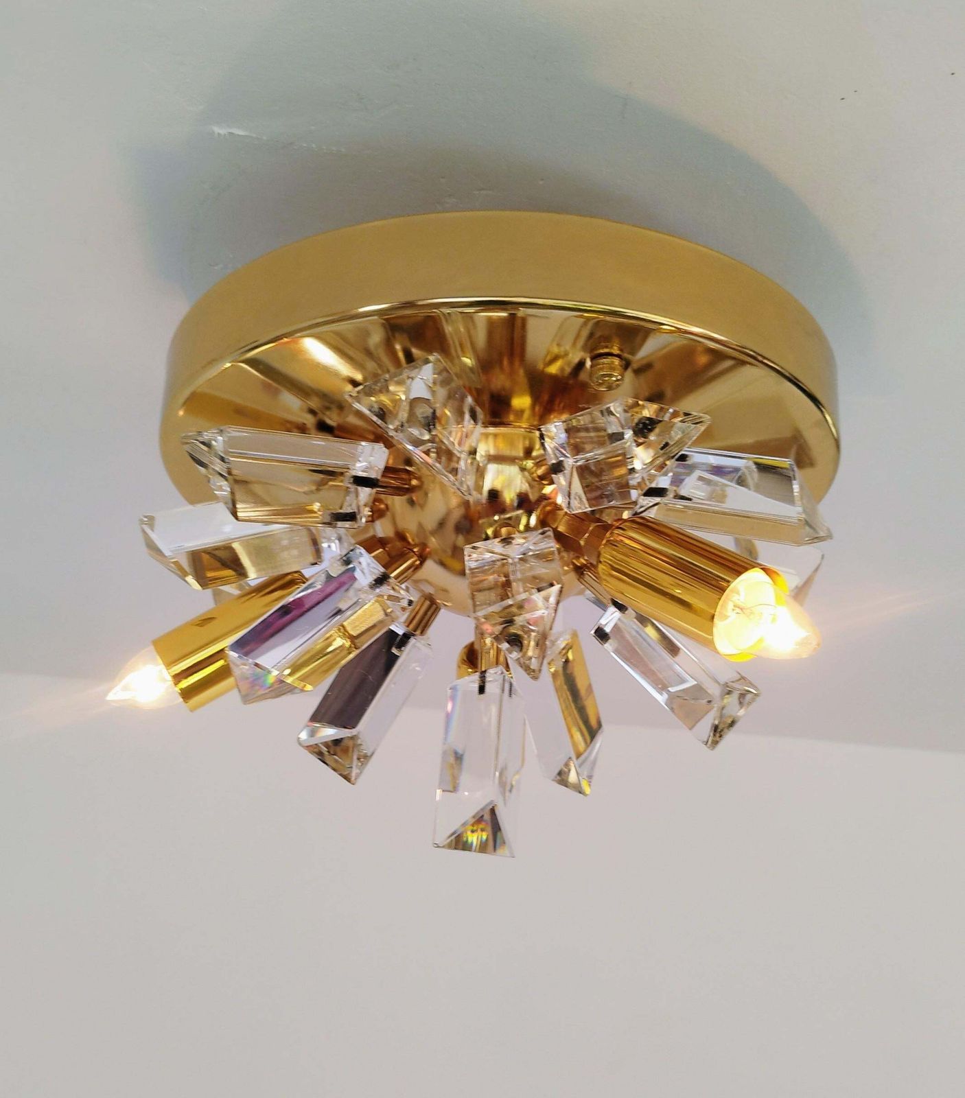 Italian Crystal Rainbow Prism Flush Mount Mid Century Starburst Light photo vinterior