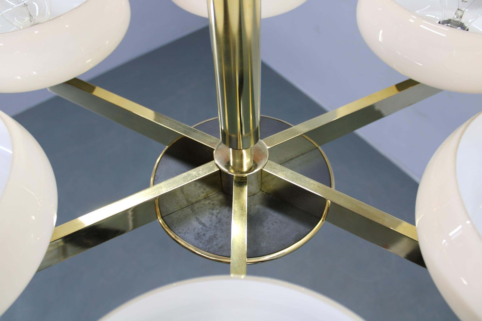 photo buy Art Deco Brass Chandelier With Opaline Glass, Czechoslovakia, 1930s
