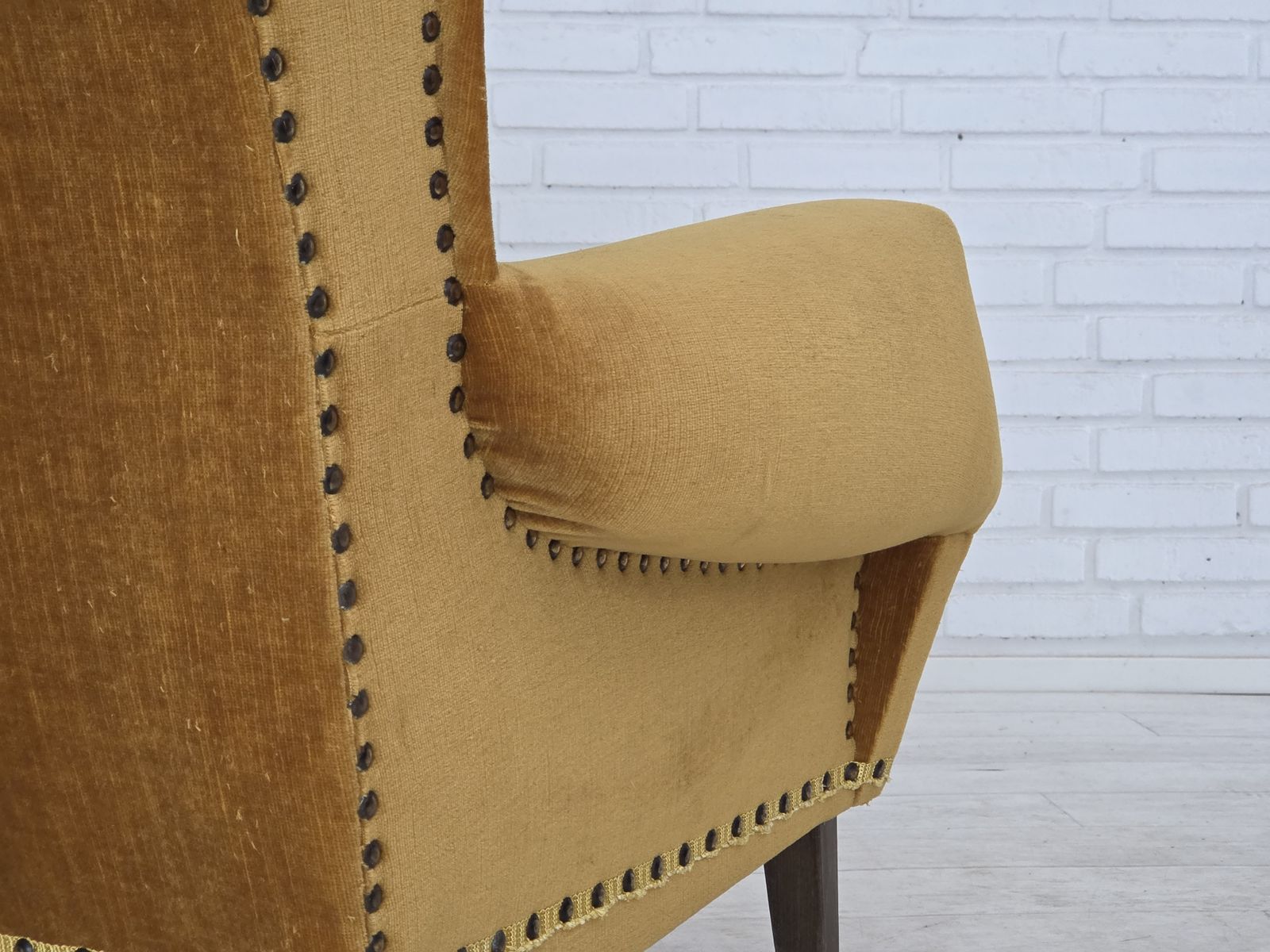 photo buy 1970s, Danish High Back Armchair, Furniture Velour, Oak Wood Legs.