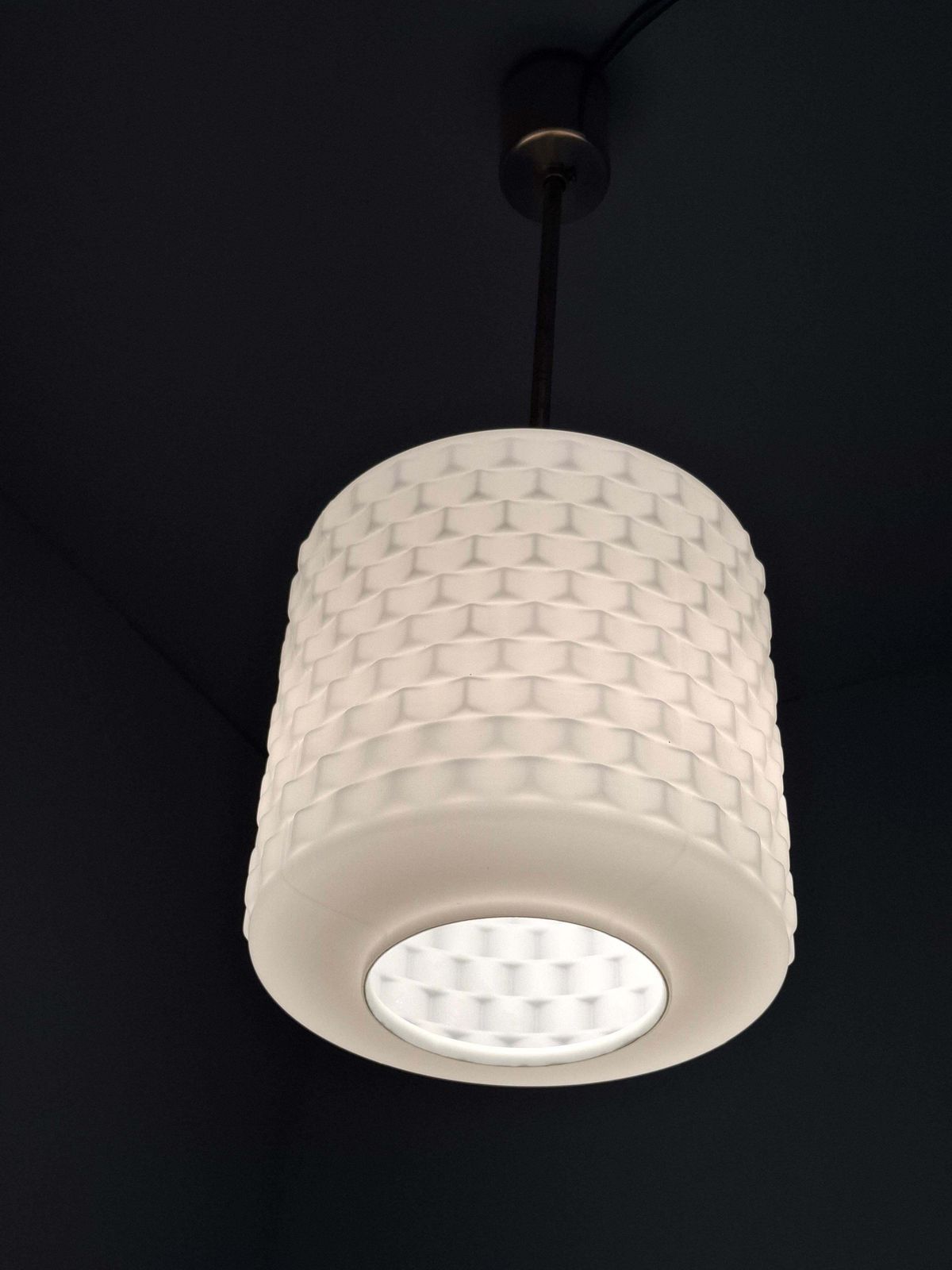 Czechoslovak Midcentury Modern Pendant Lamp In Textured Glass And Brass, 1970s photo 377.0