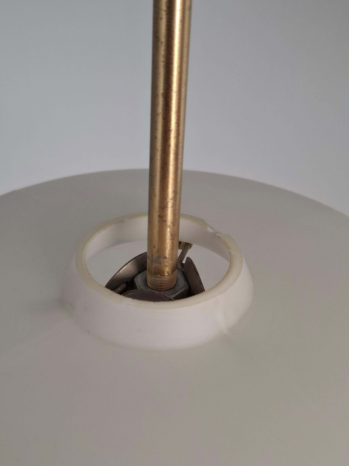 photo for sale Czechoslovak Midcentury Modern Pendant Lamp In Textured Glass And Brass, 1970s