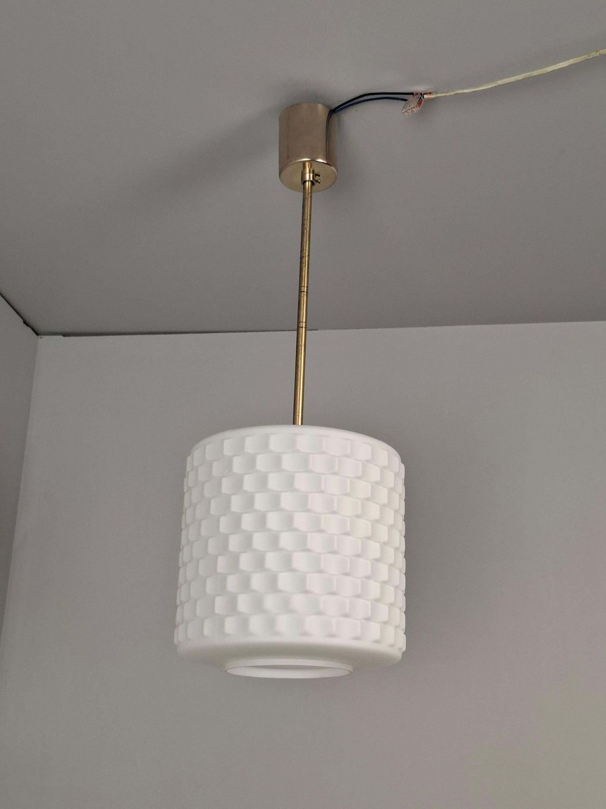 377.0 Czechoslovak Midcentury Modern Pendant Lamp In Textured Glass And Brass, 1970s photo