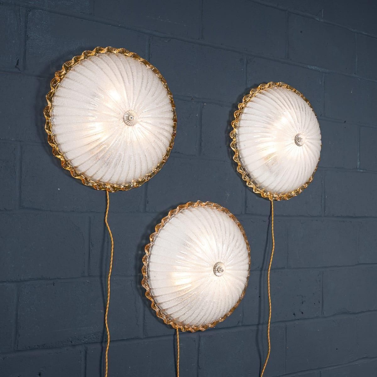 Vintage 20thc Set Of Three Frosted Glass & Brass Wall Lights, Murano C.1980 photo 1730.0