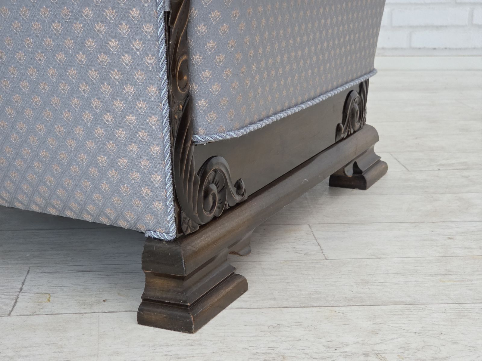 1950s, Danish Armchair, Furniture Fabric, Carved Oak Wood. photo 1190.0