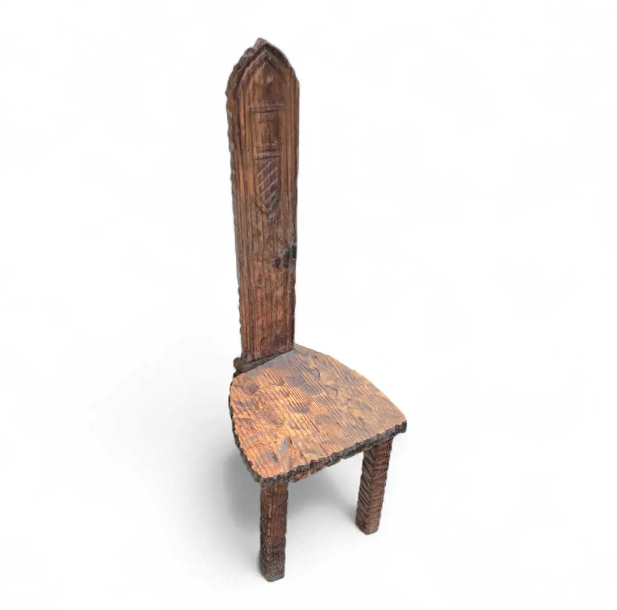 Brutalist Primitive Hall Chair / Hand Carved From Solid Wood And Detailed With Beautiful Gouge Woodwork