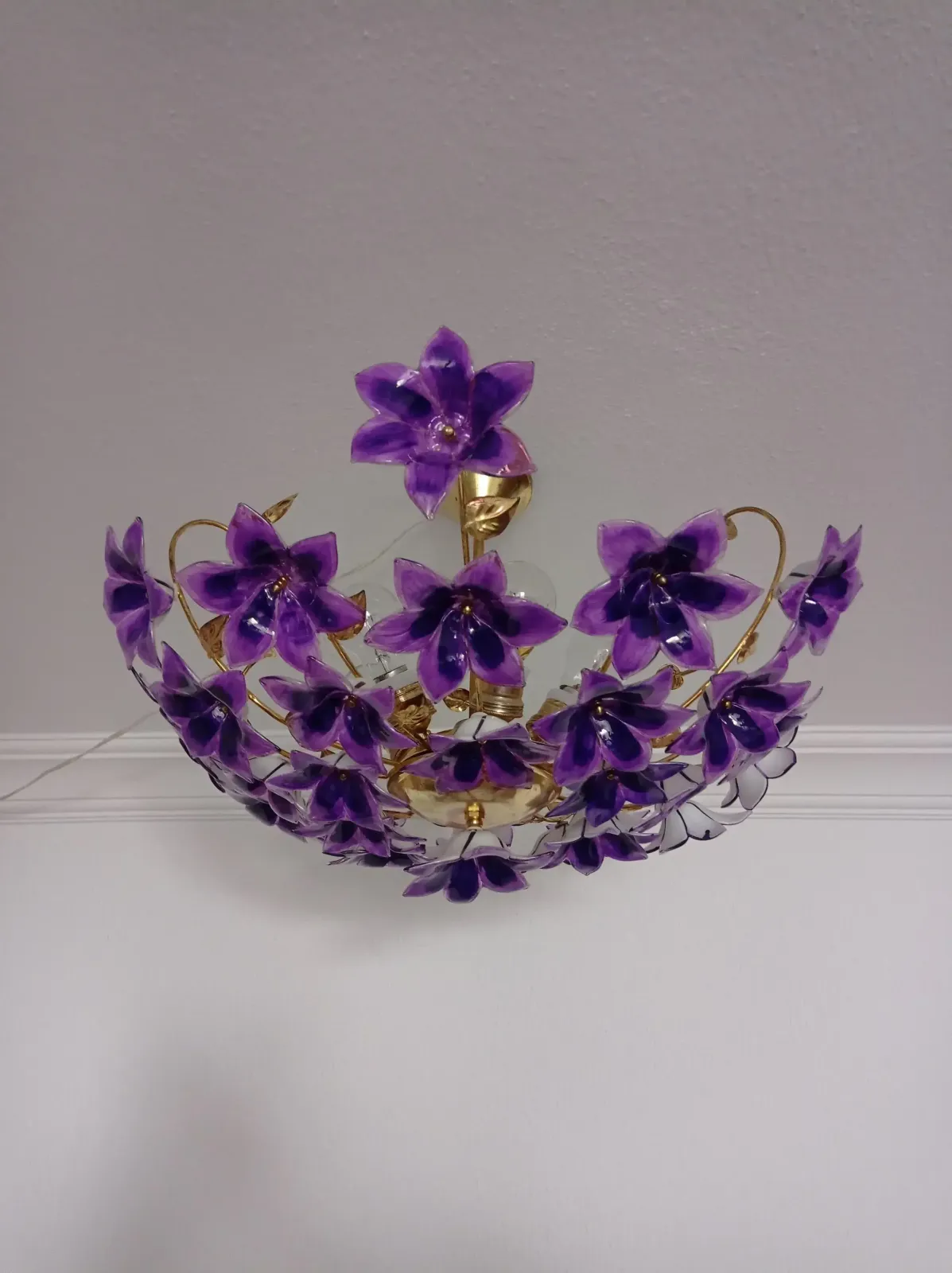 Vintage 1970s Murano Purple Glass Semi Flush Mount Calla Lily Hand Painted Chandelier photo buy