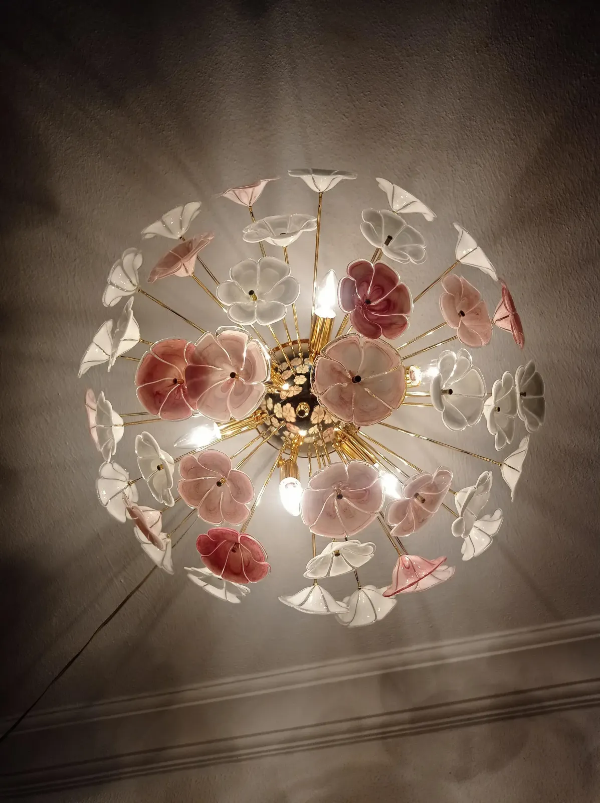 1970s Sputnik Chandelier Pink White Flush Mount Lighting photo vinterior