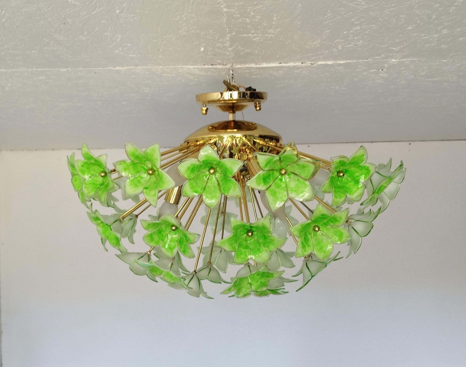 Green Floral Sputnik Flush Mount Chandelier 1980s Glass Flowers photo Lighting