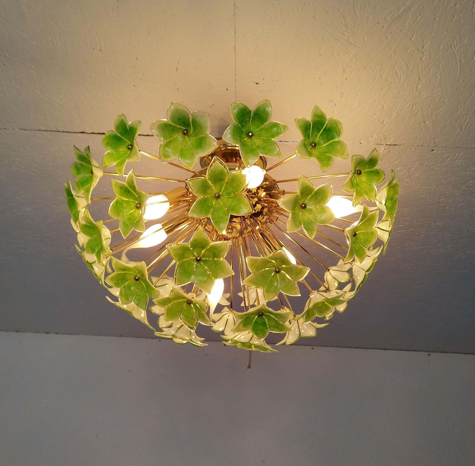 Green Floral Sputnik Flush Mount Chandelier 1980s Glass Flowers photo vintage