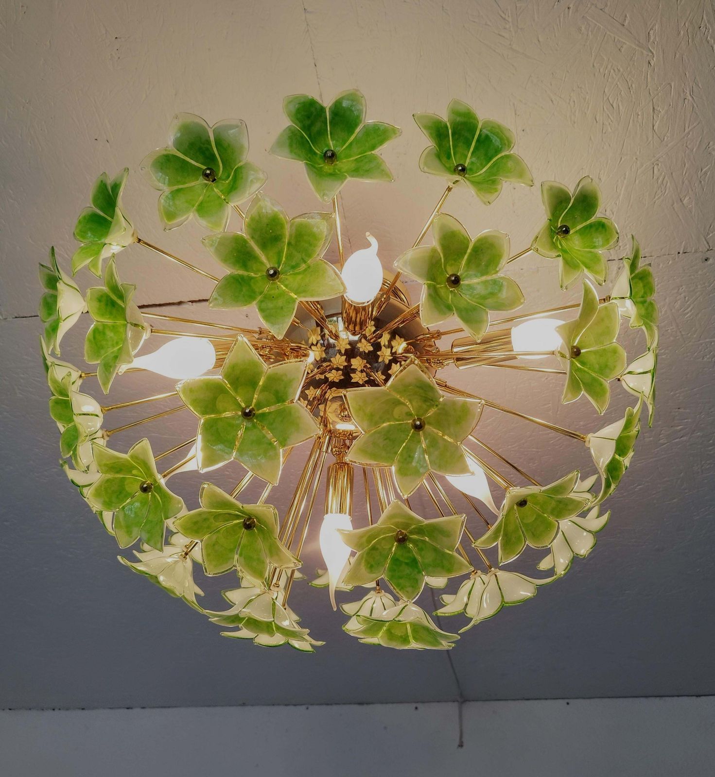 Lighting Green Floral Sputnik Flush Mount Chandelier 1980s Glass Flowers photo