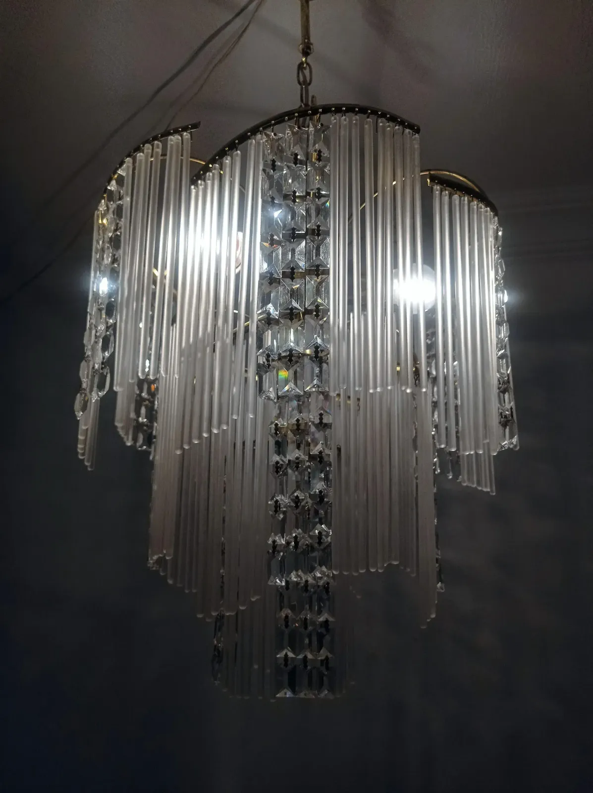Art Deco Vintage 80’s Single Ceiling Pendant Light Milk Glass Stick Chandelier photo for sale