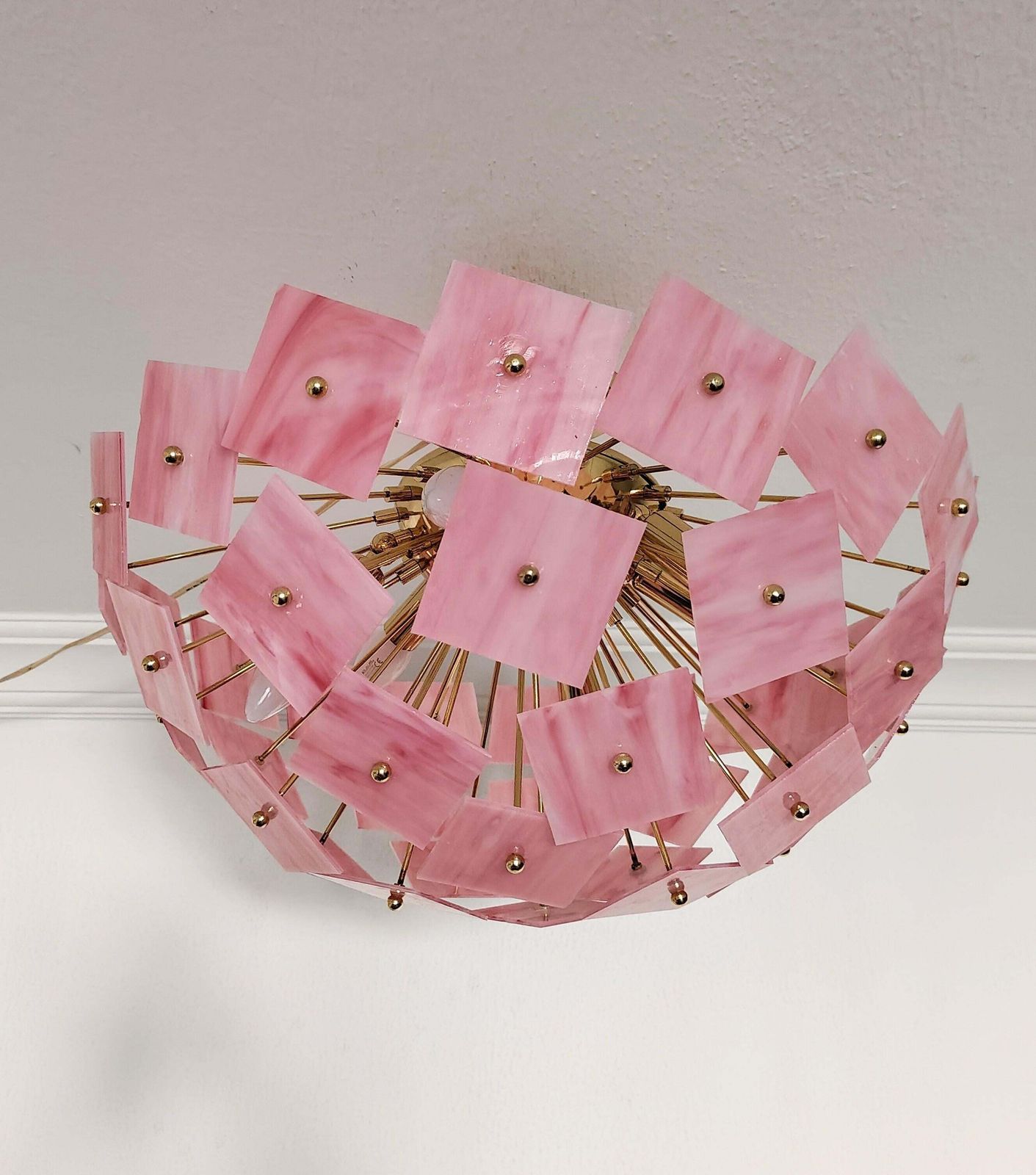 Pink Vitrail Glass Sputnik Flush Mount Chandelier Mid Century Inspired Art Lighting photo furniture