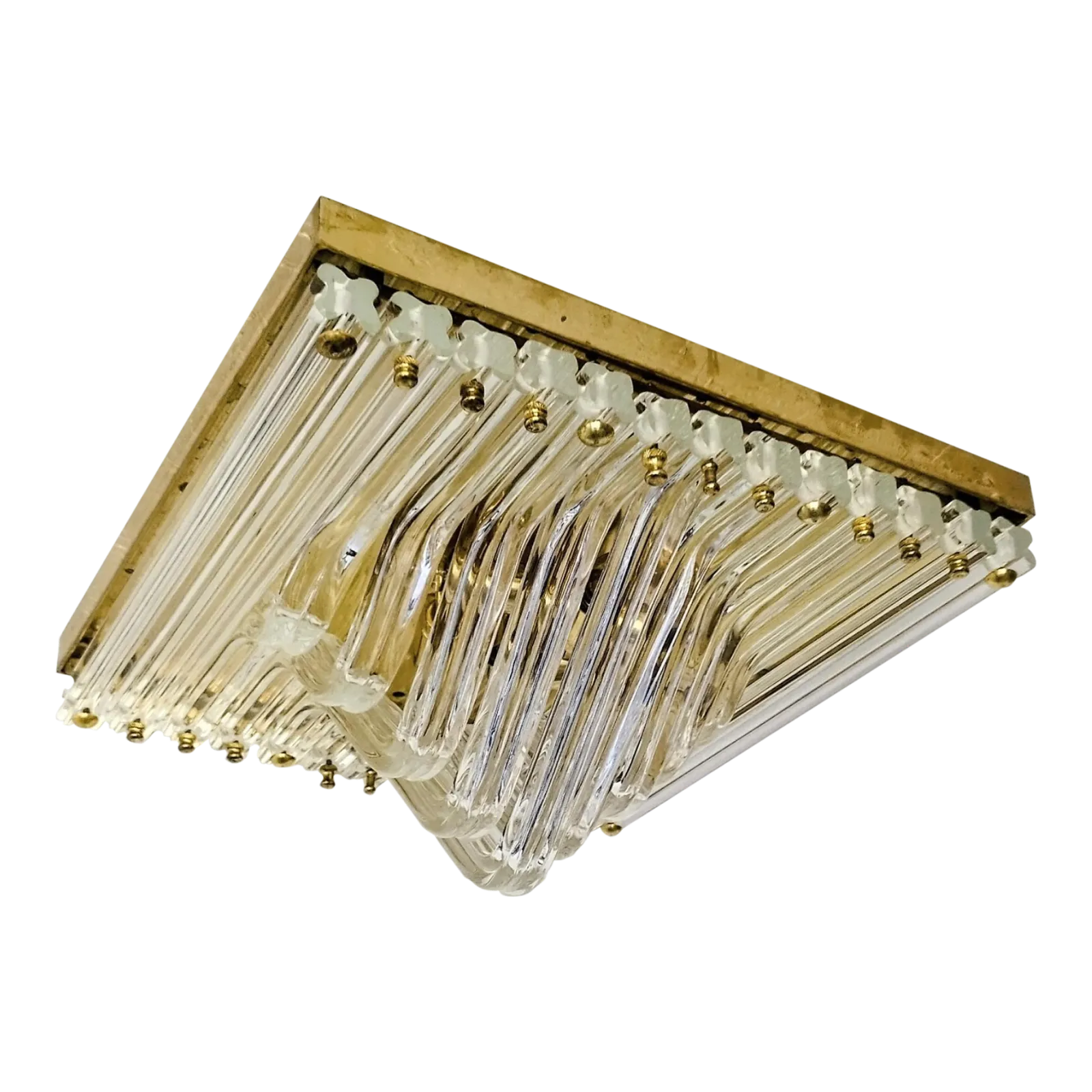 Murano Venini Styled Curved Quadriedri Crystal Glass Chevron Flush Mount In Brass, Italy, 1970s