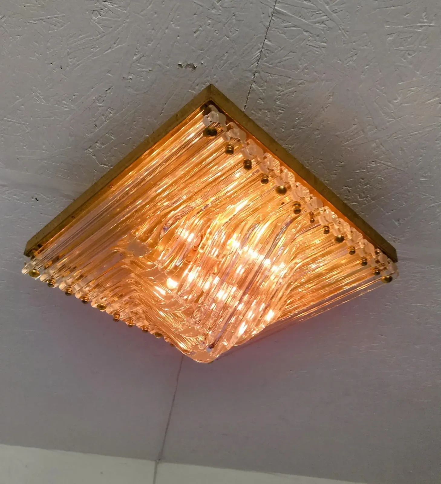 Murano Venini Styled Curved Quadriedri Crystal Glass Chevron Flush Mount In Brass, Italy, 1970s photo buy
