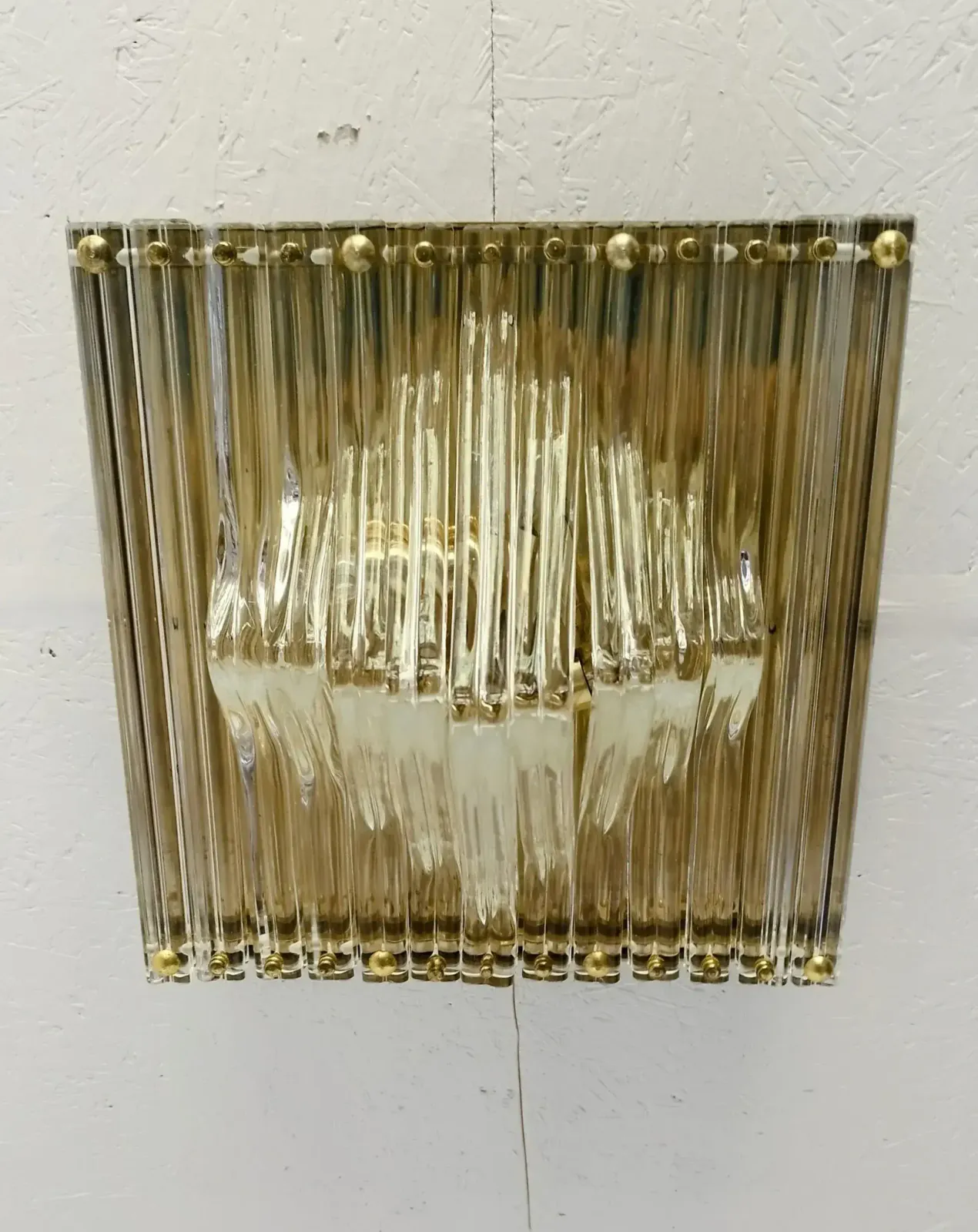 photo vinterior Murano Venini Styled Curved Quadriedri Crystal Glass Chevron Flush Mount In Brass, Italy, 1970s