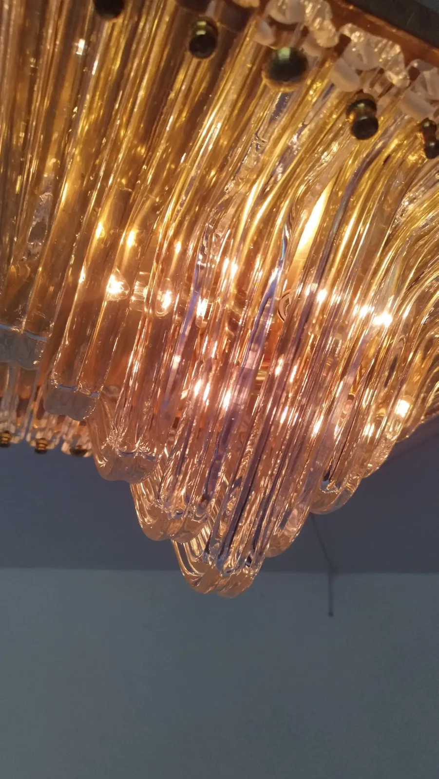 photo vintage Murano Venini Styled Curved Quadriedri Crystal Glass Chevron Flush Mount In Brass, Italy, 1970s
