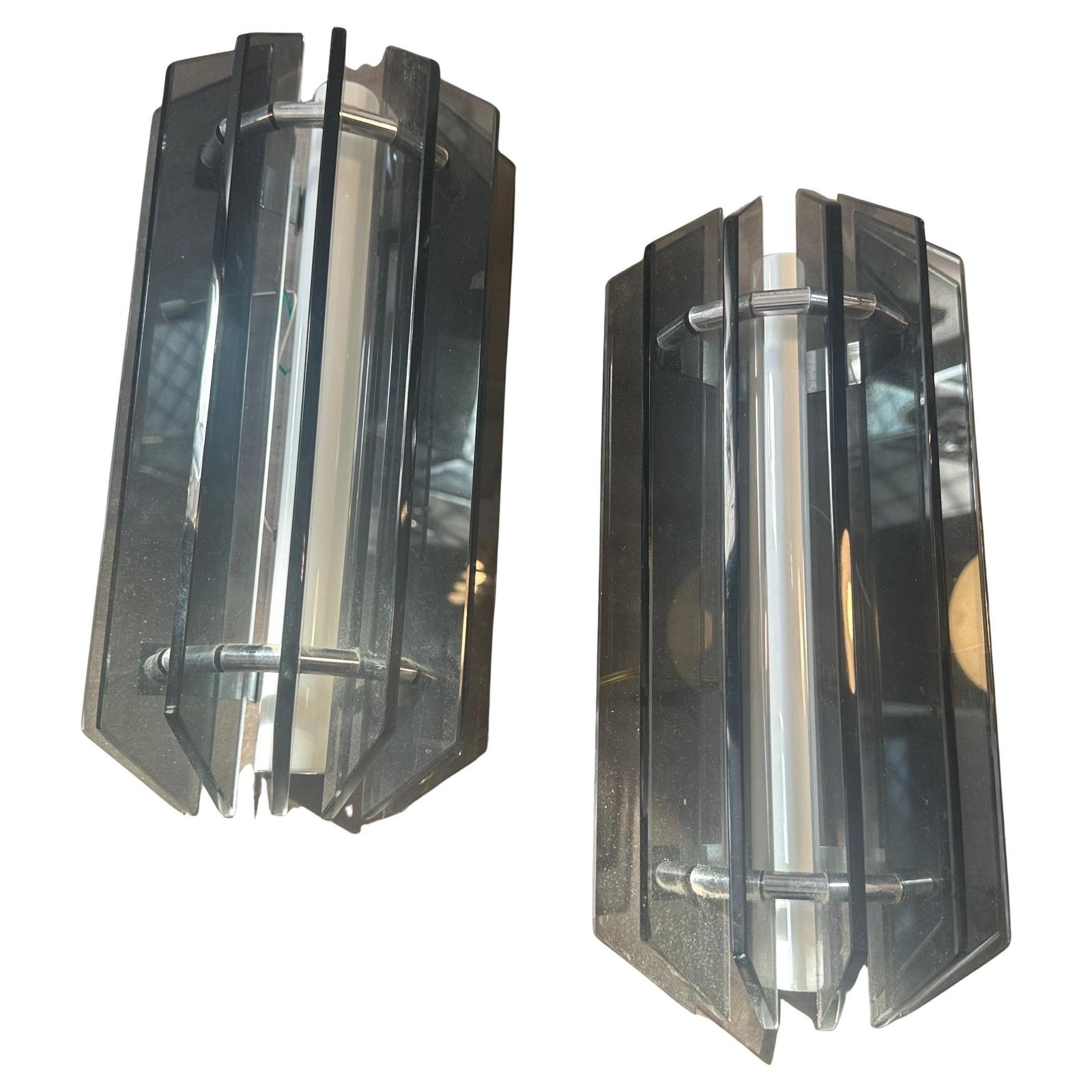 1960s Space Age Gray Glass And Steel Wall Sconces By Veca