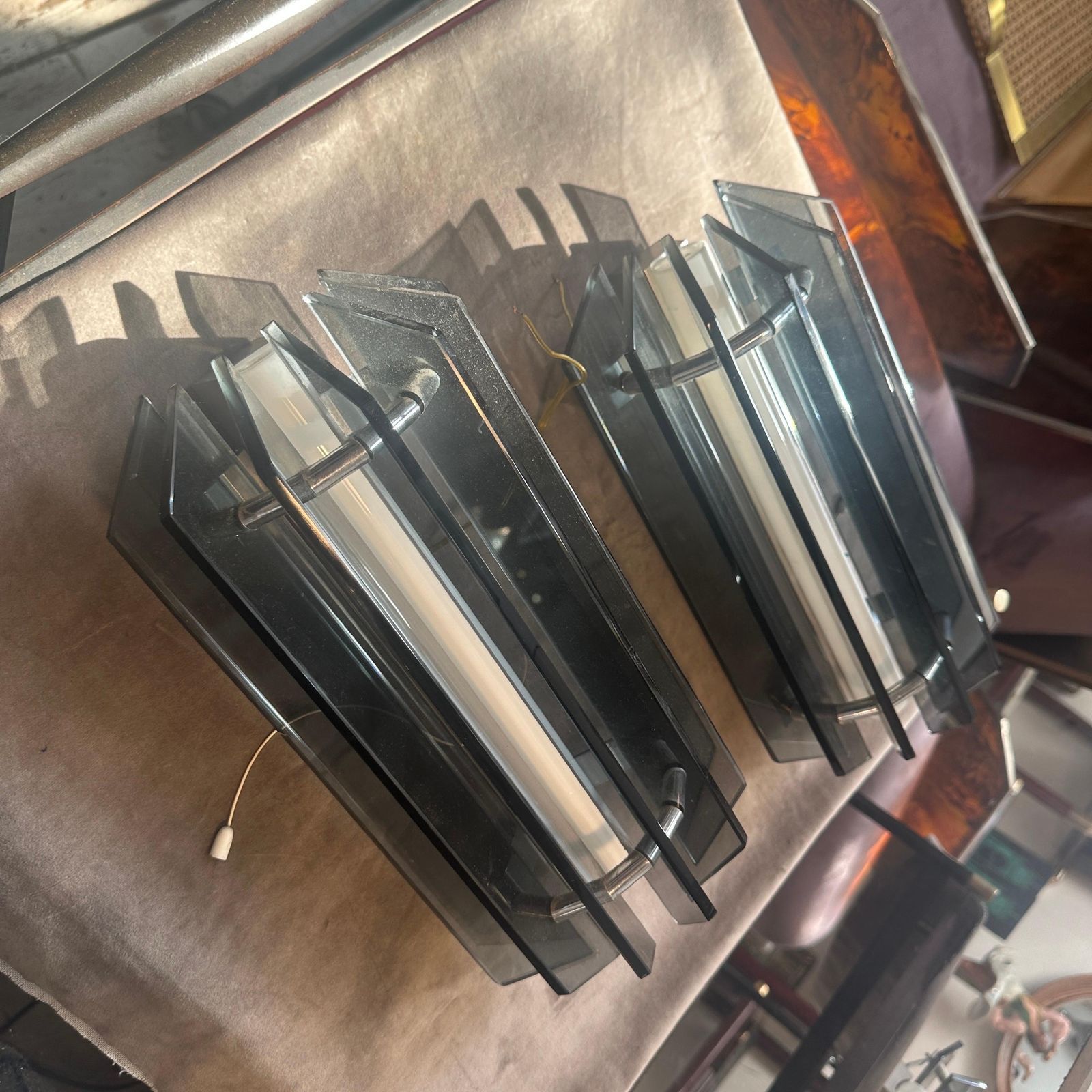 1960s Space Age Gray Glass And Steel Wall Sconces By Veca photo vintage
