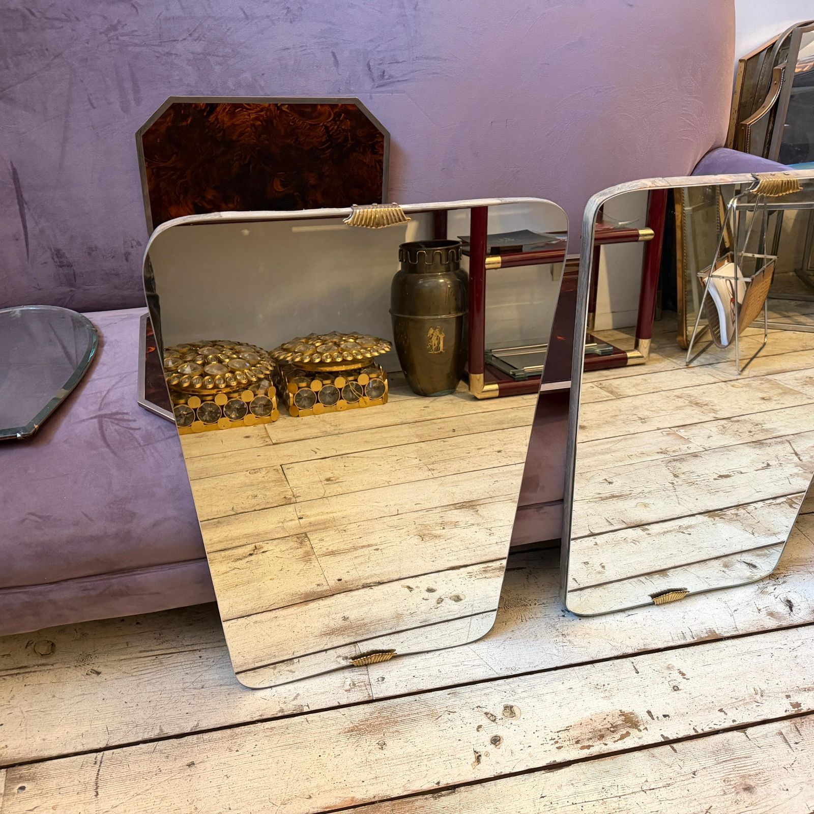 Two 1950s Gio Ponti Style Mid Century Modern Wood And Brass Wall Mirrors photo Home Decor