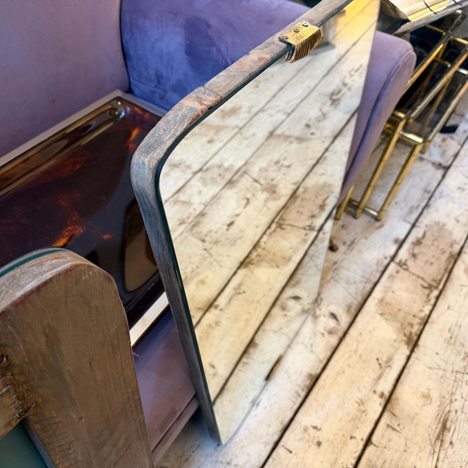 Two 1950s Gio Ponti Style Mid Century Modern Wood And Brass Wall Mirrors photo vinterior